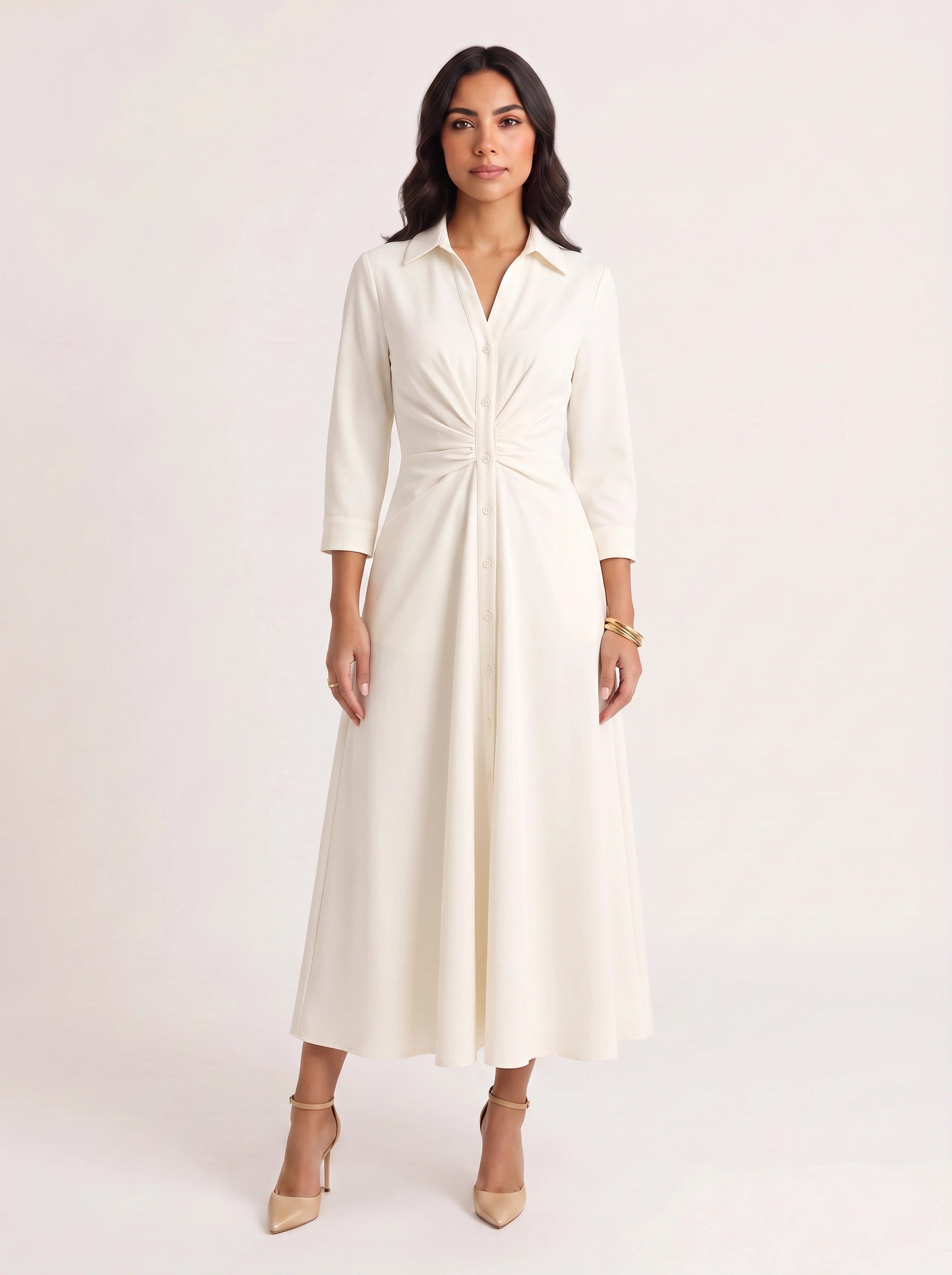 Knotora Twist-Front Shirt Midi Dress – Button-Down Collared A-Line Midi Dress Women Formal Work Office