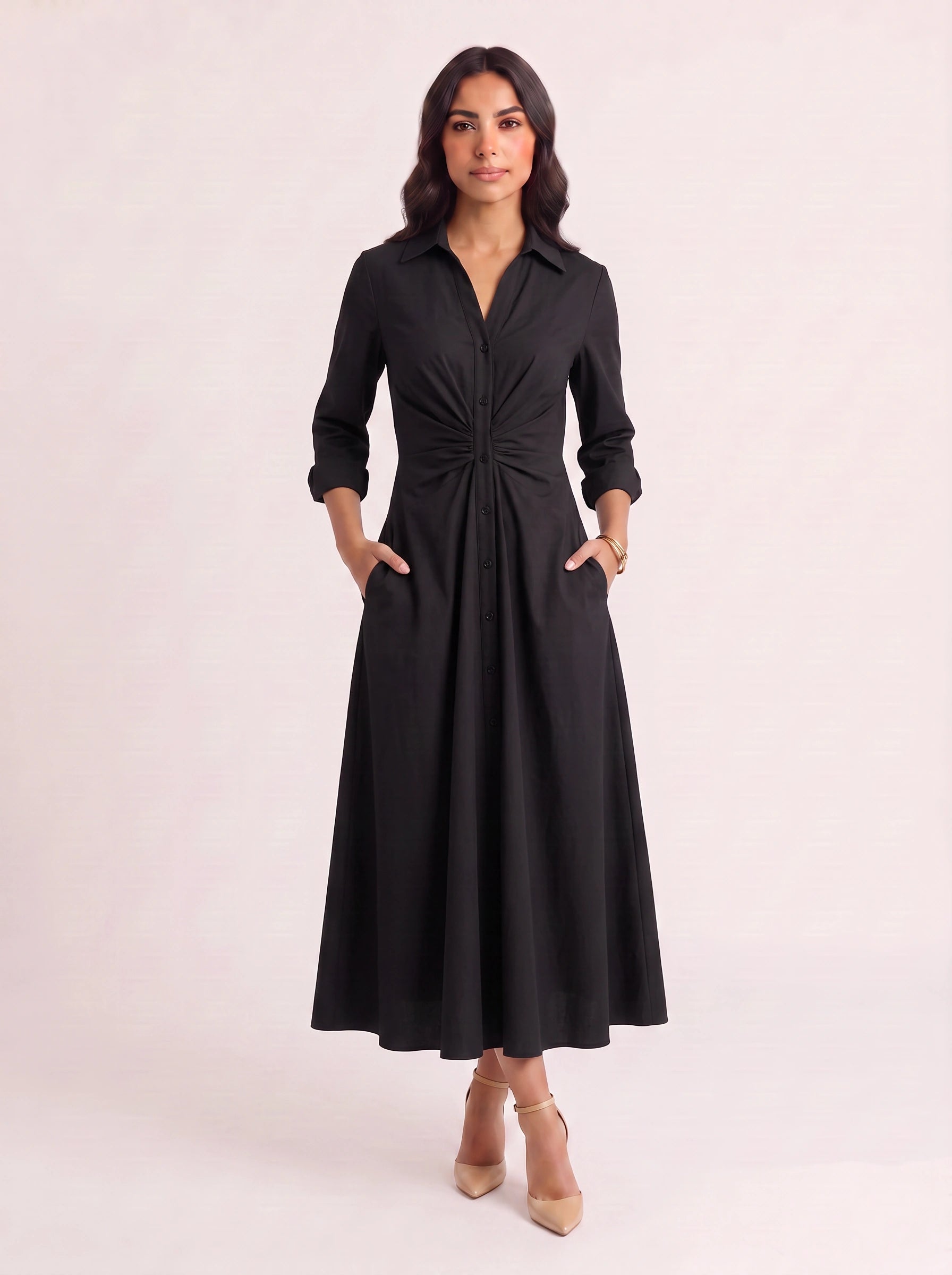 Knotora Twist-Front Shirt Midi Dress – Button-Down Collared A-Line Midi Dress Women Formal Work Office