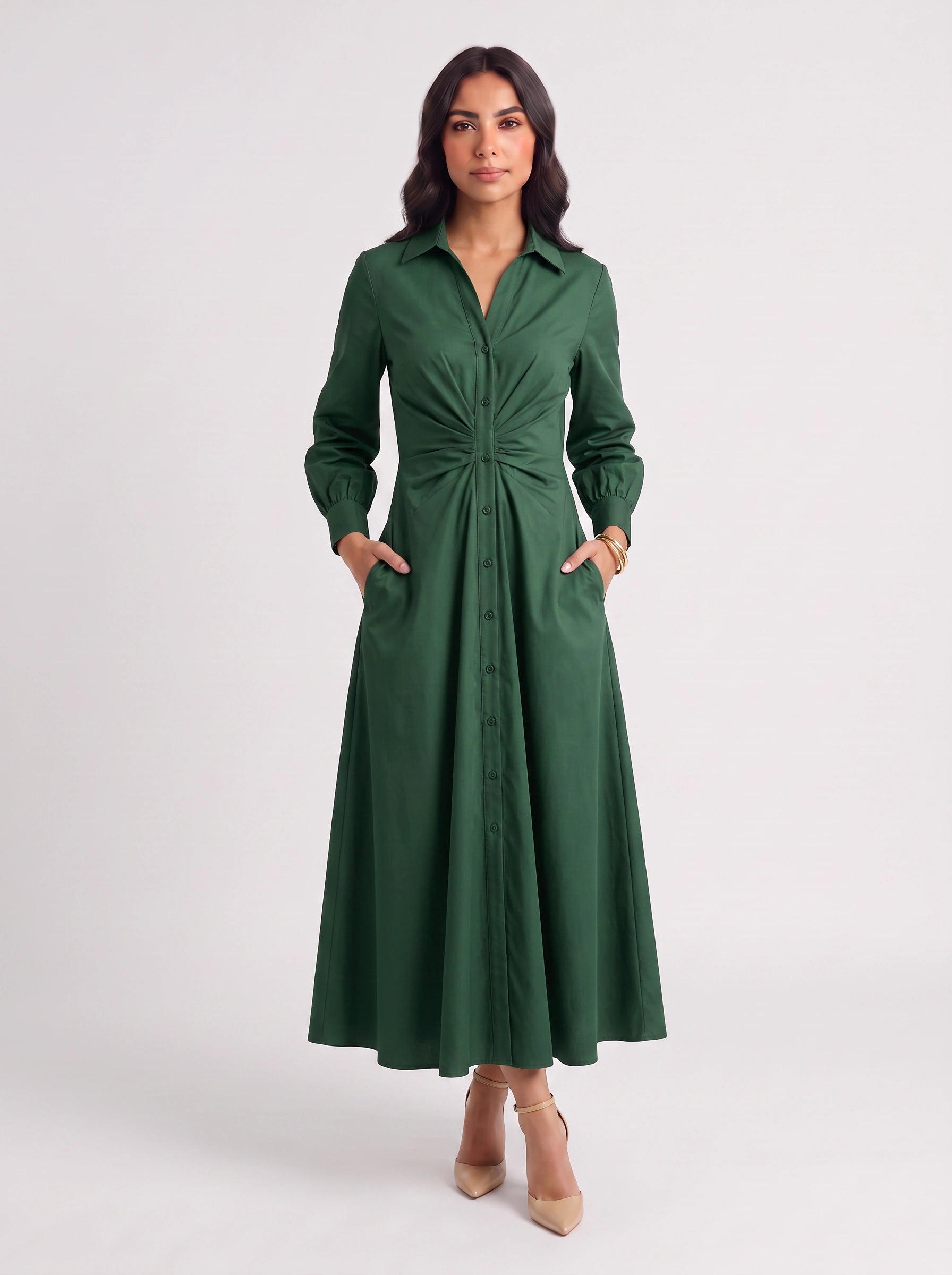 Knotora Twist-Front Shirt Midi Dress – Button-Down Collared A-Line Midi Dress Women Formal Work Office