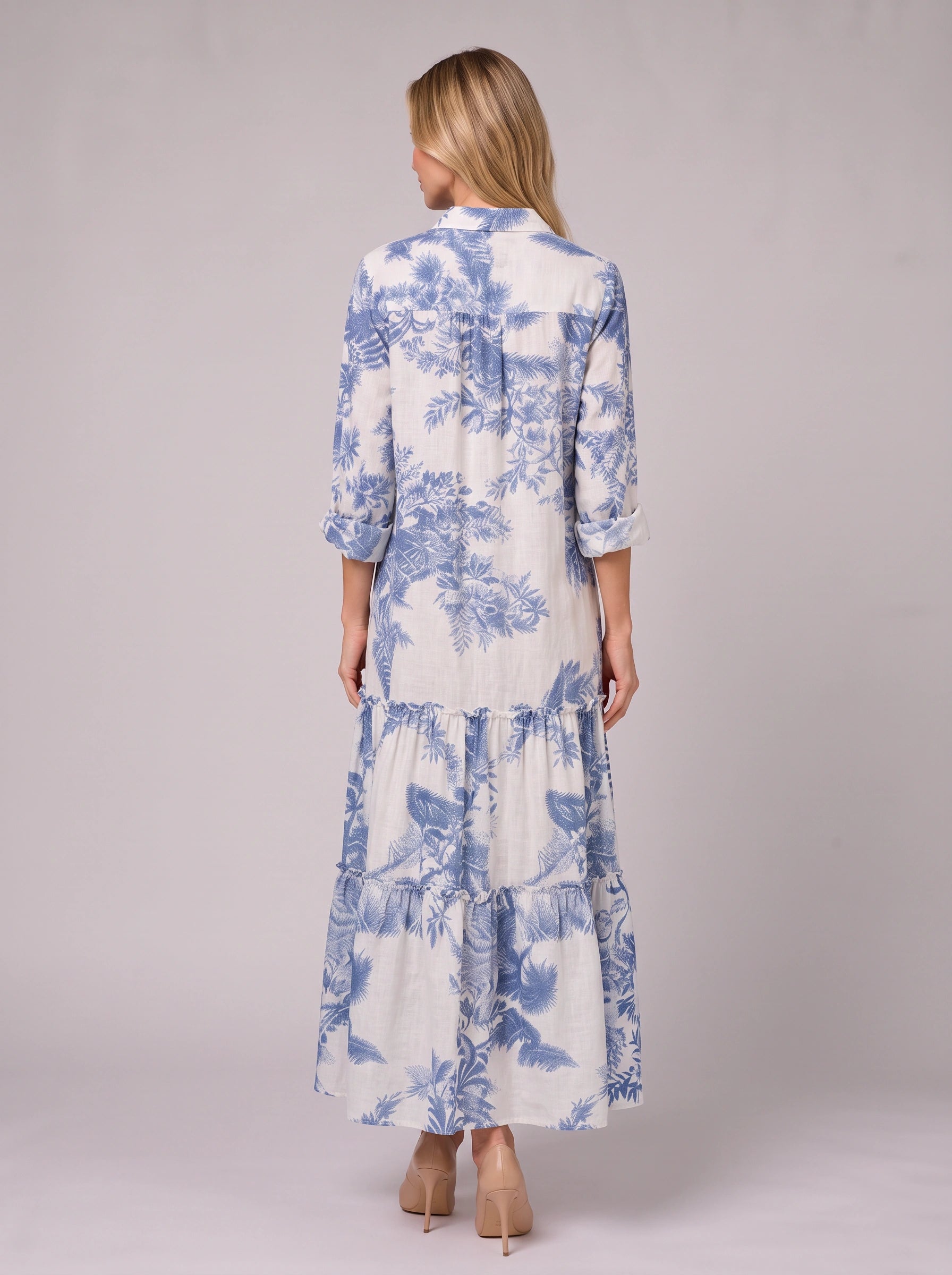 Azulora Tiered Shirt Maxi Dress – Blue White Floral Print Summer Women Sundress Casual Wedding Guest Maxi Dress