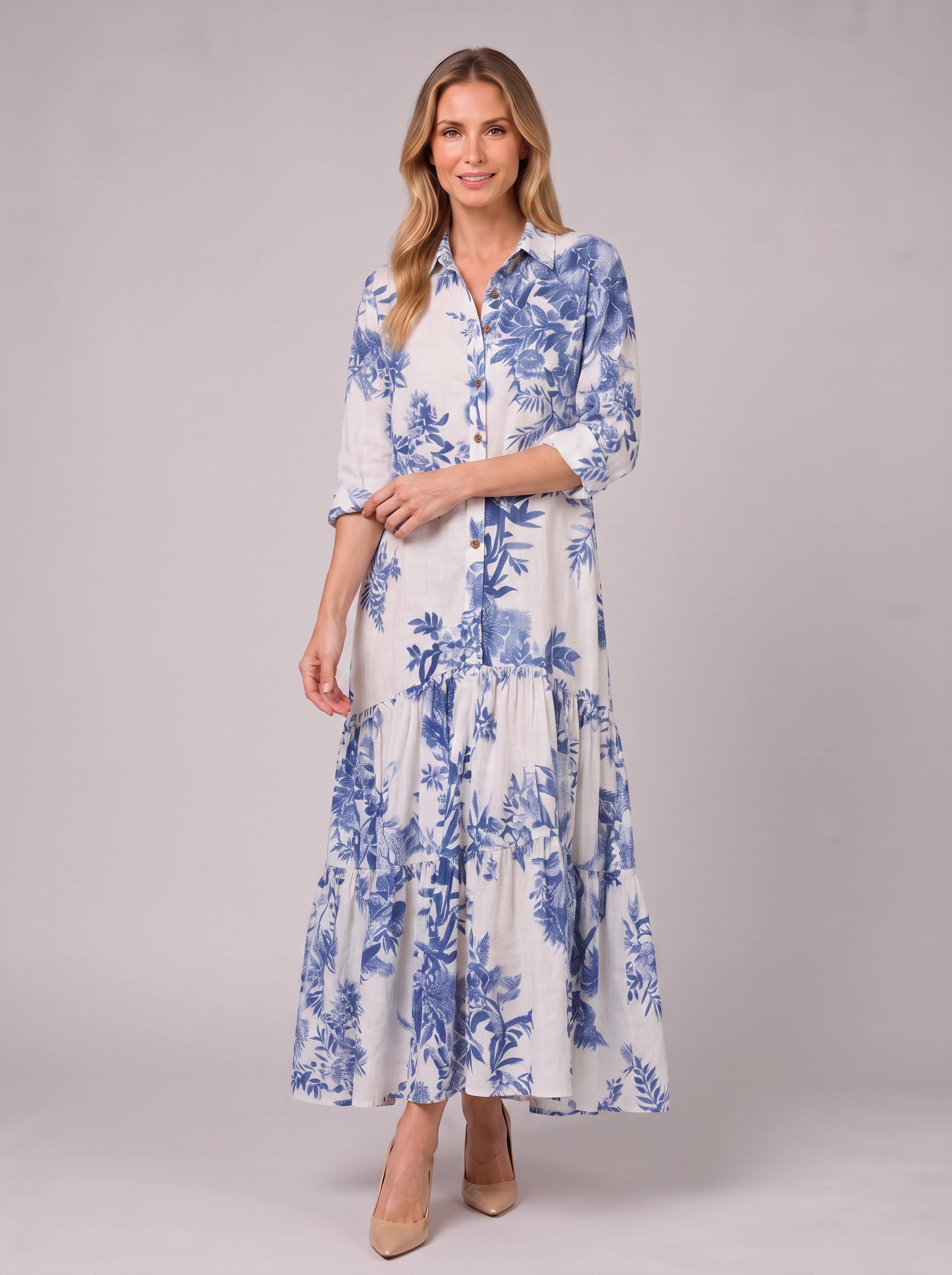 Azulora Tiered Shirt Maxi Dress – Blue White Floral Print Summer Women Sundress Casual Wedding Guest Maxi Dress