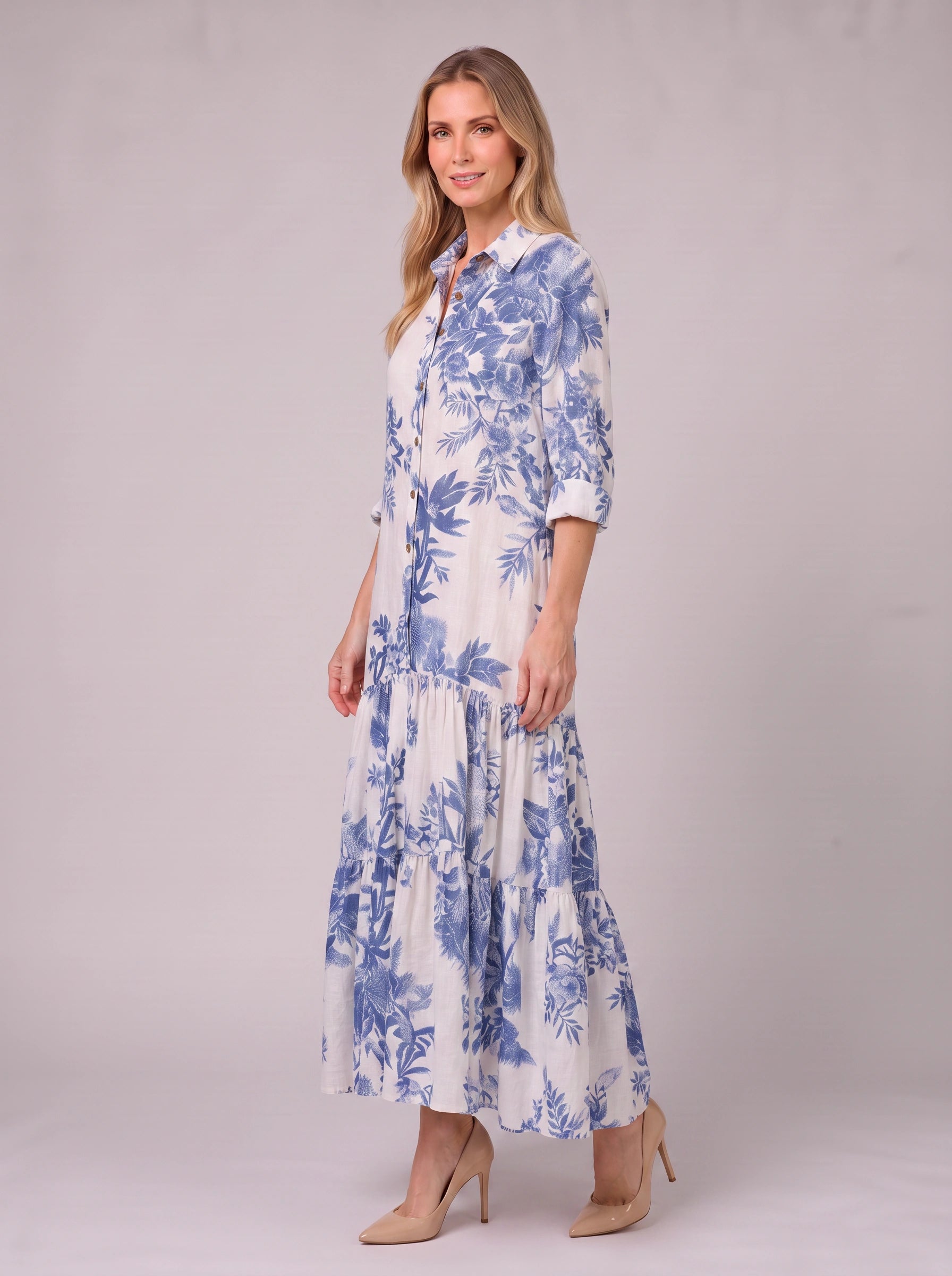 Azulora Tiered Shirt Maxi Dress – Blue White Floral Print Summer Women Sundress Casual Wedding Guest Maxi Dress