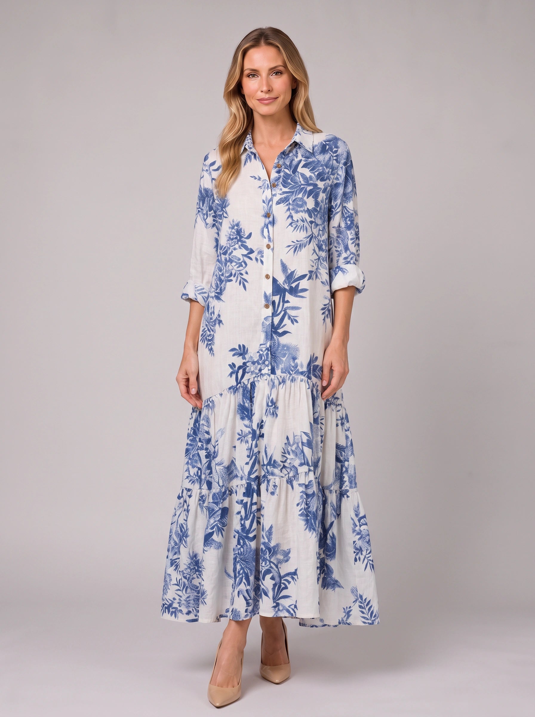 Azulora Tiered Shirt Maxi Dress – Blue White Floral Print Summer Women Sundress Casual Wedding Guest Maxi Dress