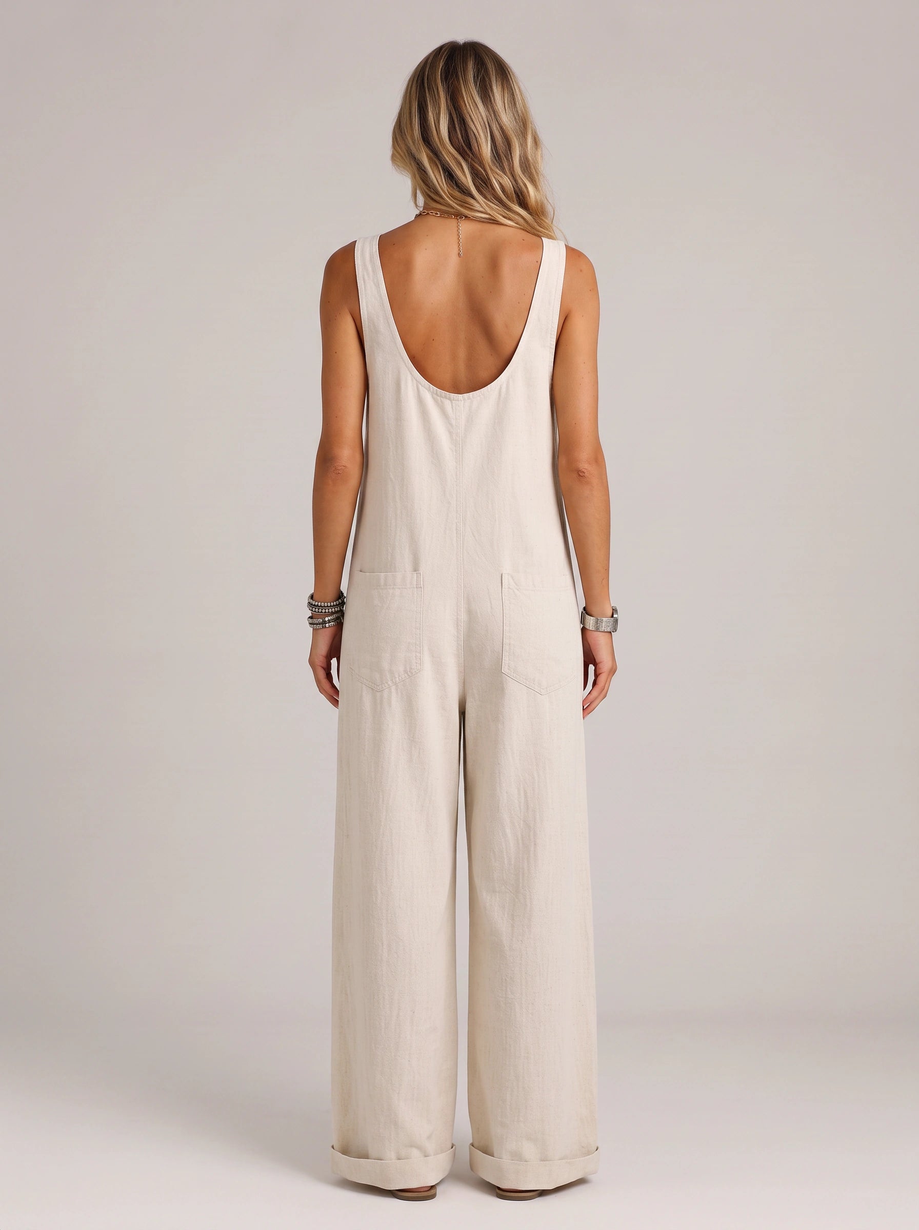 Linnea Button-Front Wide-Leg Jumpsuit – Linen Jumpsuit Women Casual Summer Sleeveless Romper White