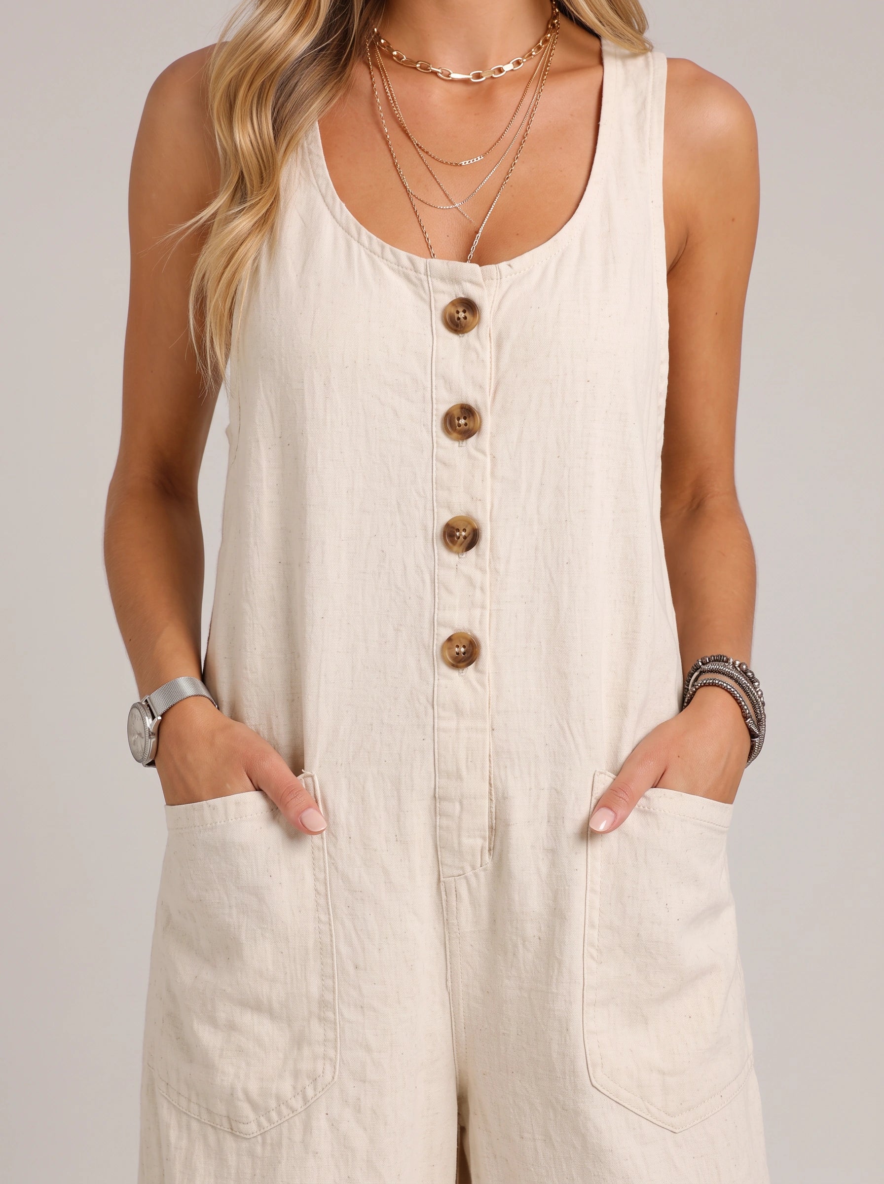 Linnea Button-Front Wide-Leg Jumpsuit – Linen Jumpsuit Women Casual Summer Sleeveless Romper White