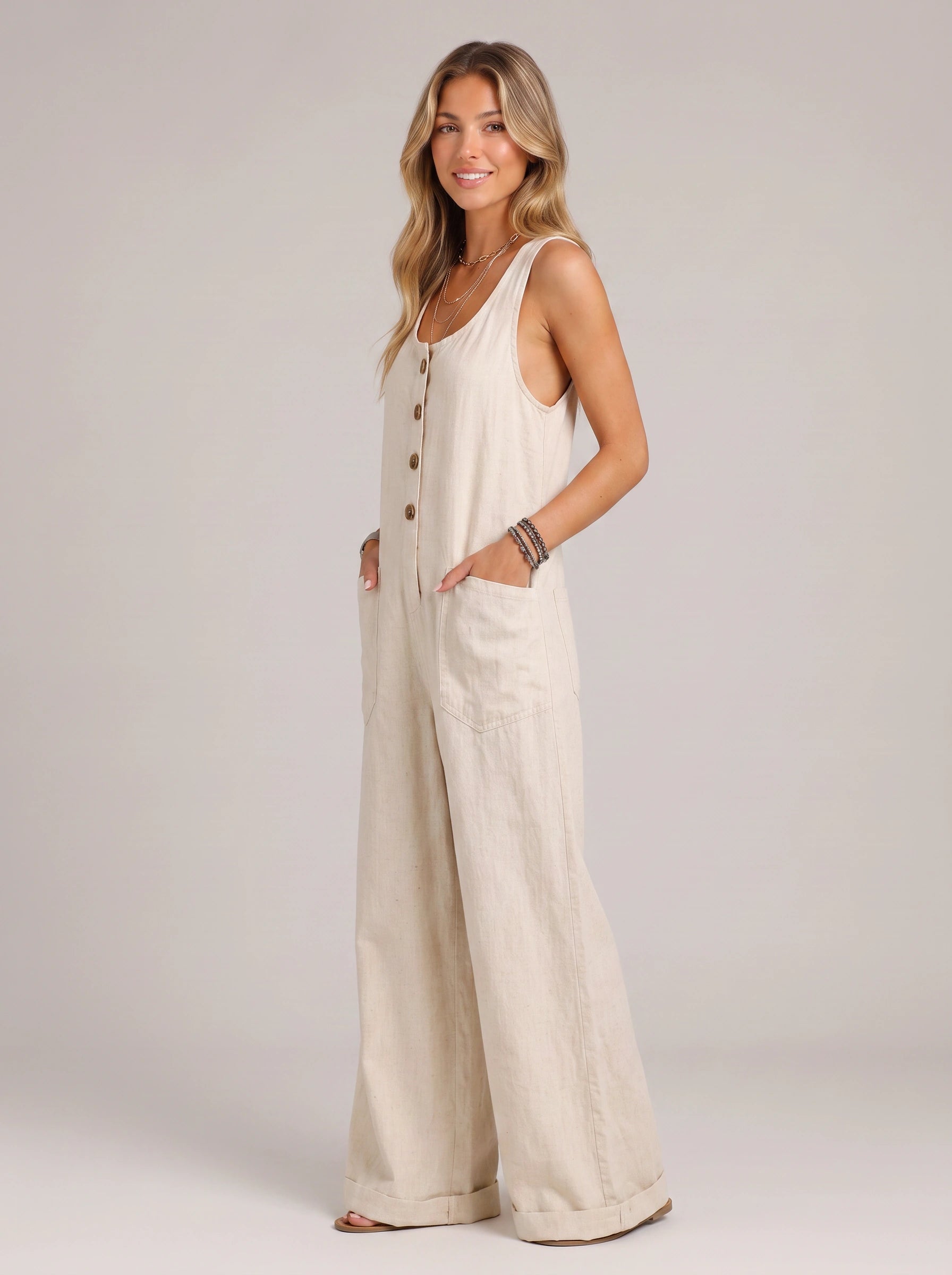 Linnea Button-Front Wide-Leg Jumpsuit – Linen Jumpsuit Women Casual Summer Sleeveless Romper White