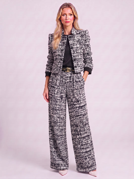 Tressano Tweed Cropped Jacket Wide-Leg Trouser Set – Black White Two Piece Sets Women Formal Office Lounge Sets
