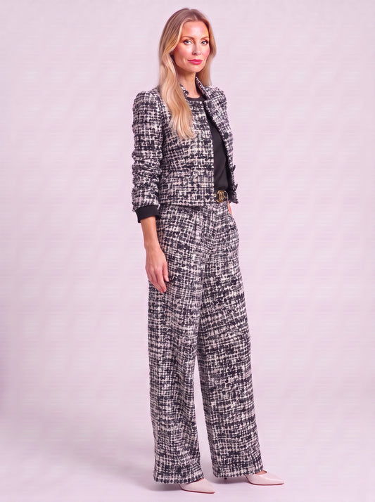 Tressano Tweed Cropped Jacket Wide-Leg Trouser Set – Black White Two Piece Sets Women Formal Office Lounge Sets