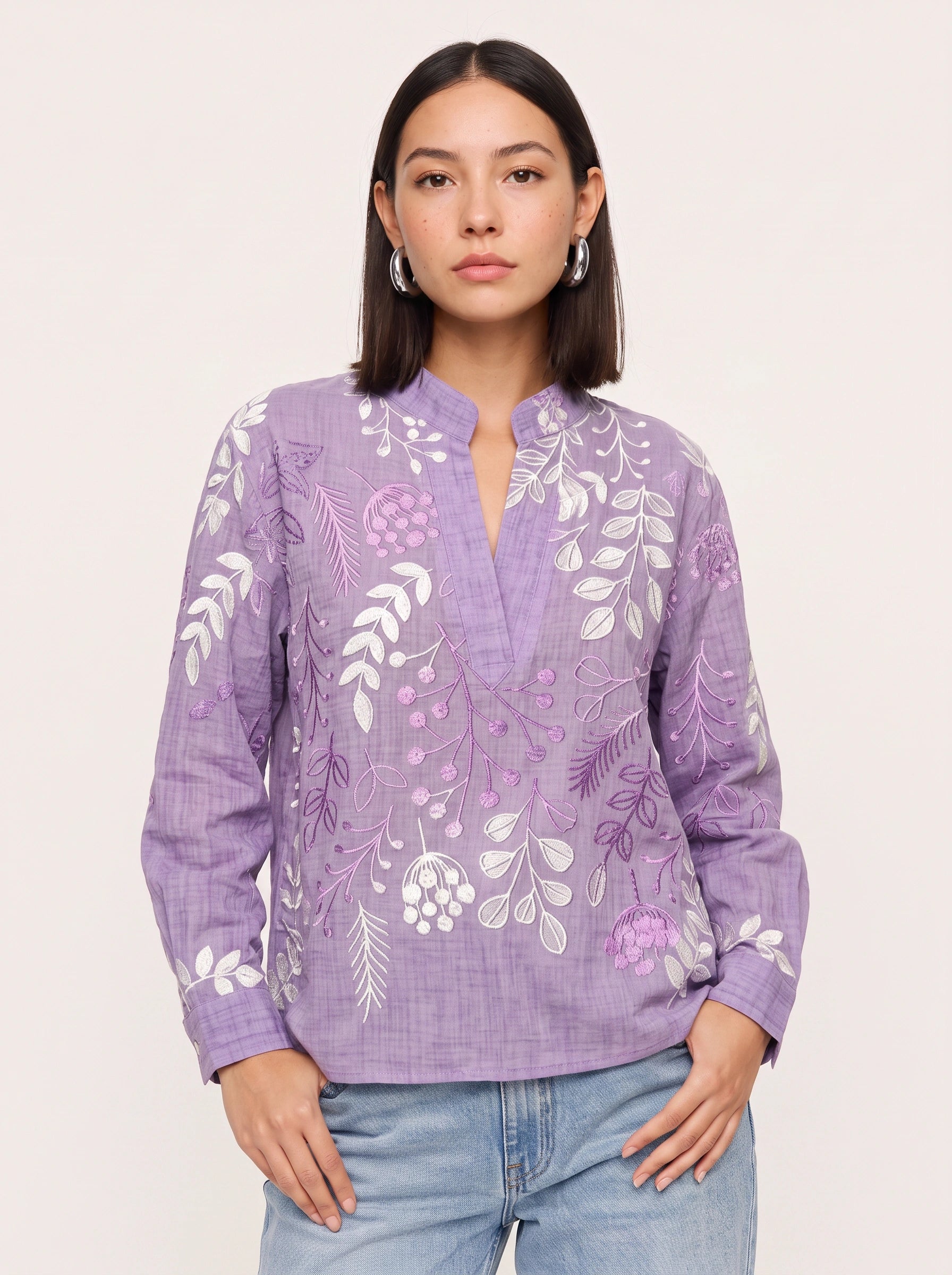 Botanica Embroidered Tunic Blouse – Women Cotton Boho Casual Shirts Tops Floral Embroidery Longline Blouse