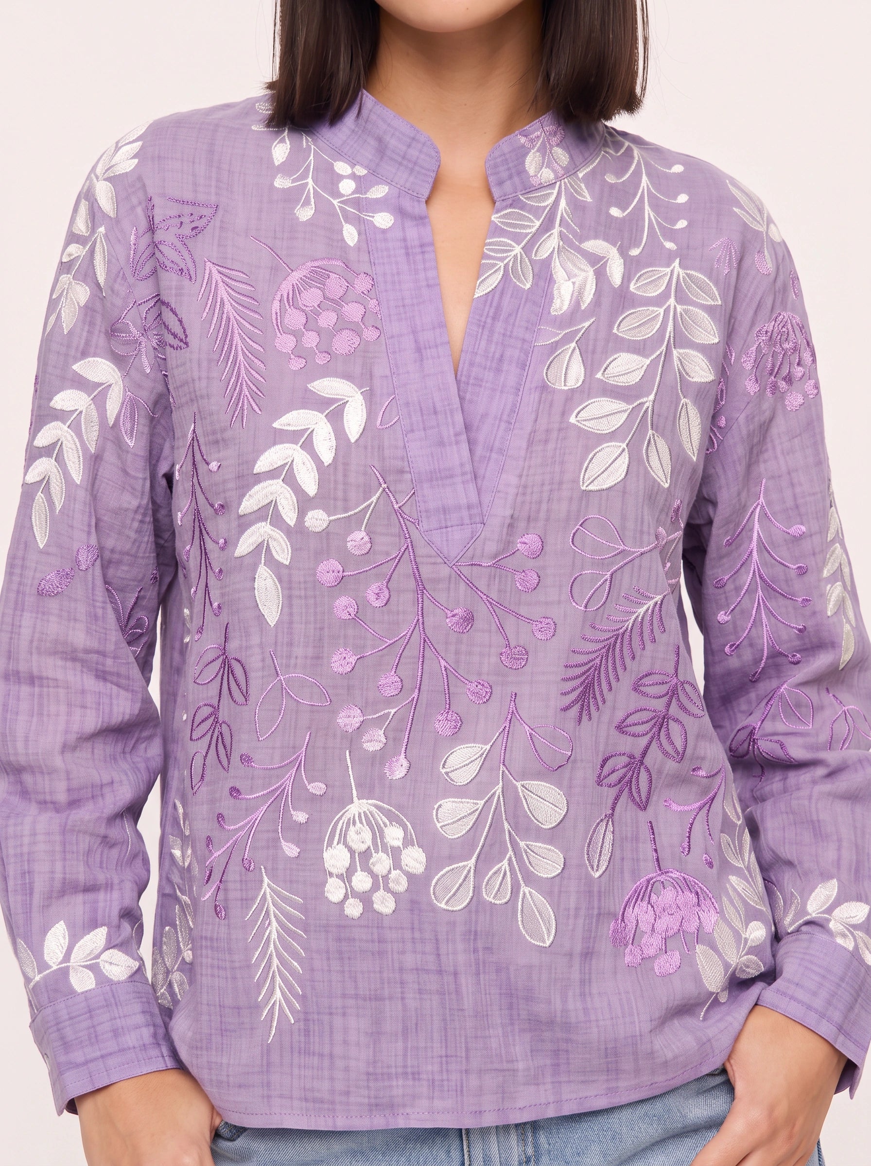 Botanica Embroidered Tunic Blouse – Women Cotton Boho Casual Shirts Tops Floral Embroidery Longline Blouse