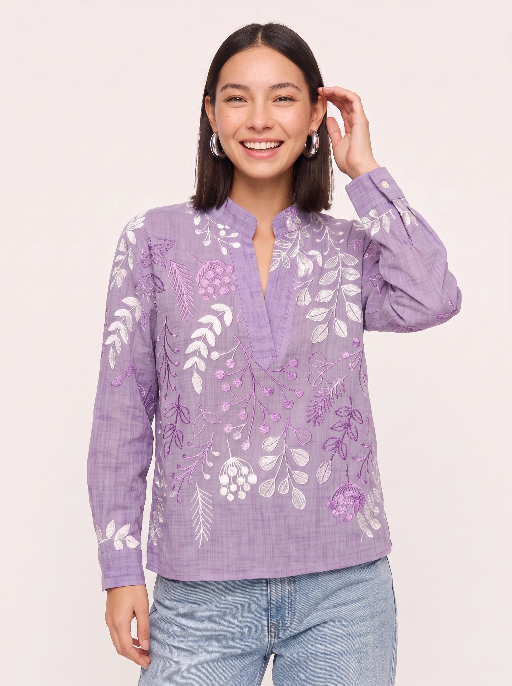 Botanica Embroidered Tunic Blouse – Women Cotton Boho Casual Shirts Tops Floral Embroidery Longline Blouse