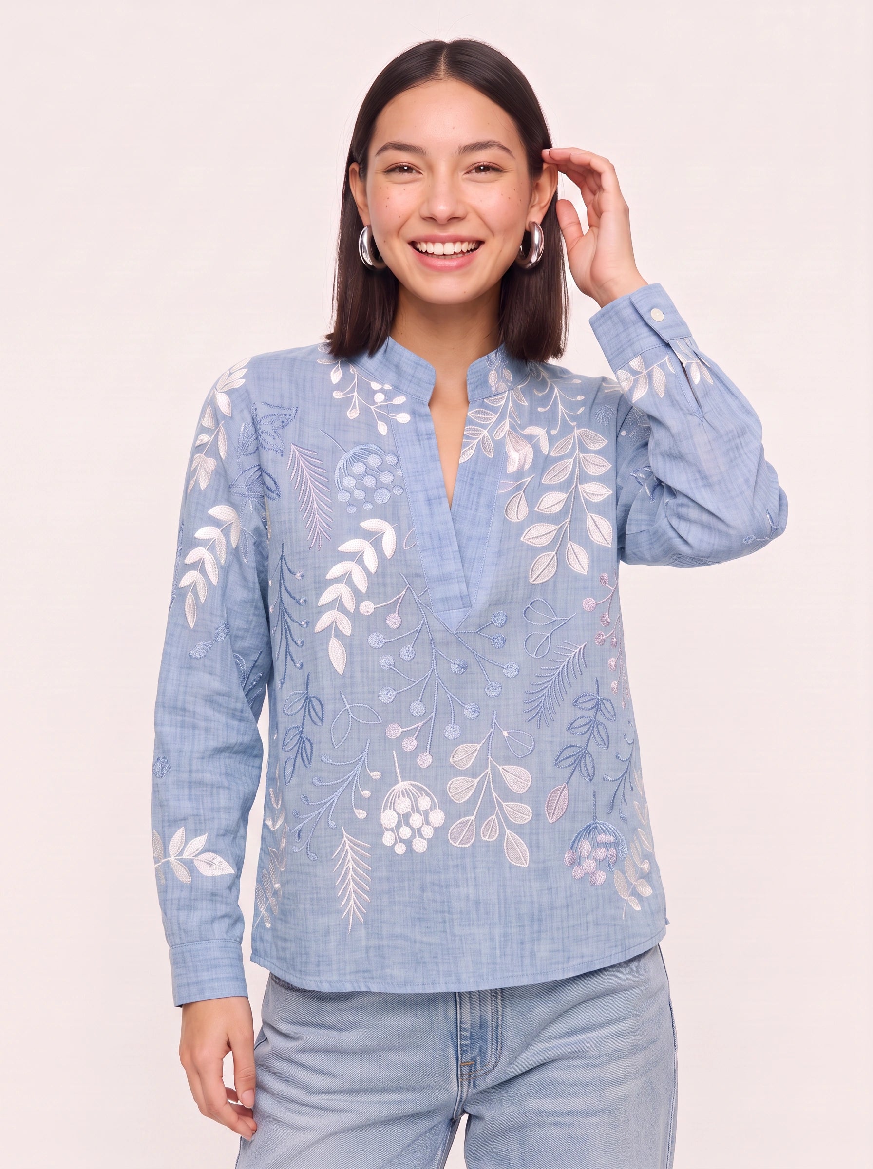Botanica Embroidered Tunic Blouse – Women Cotton Boho Casual Shirts Tops Floral Embroidery Longline Blouse