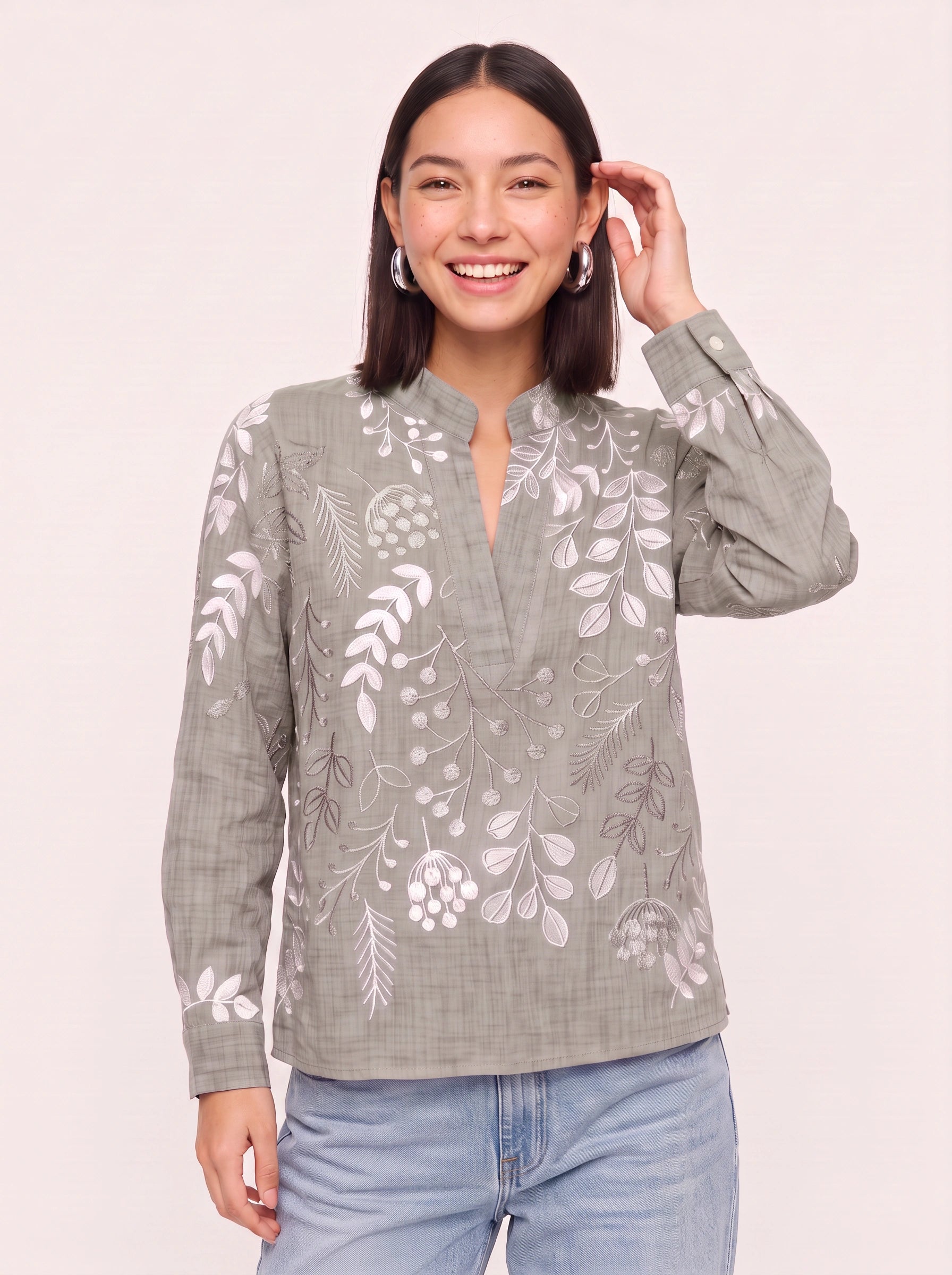 Botanica Embroidered Tunic Blouse – Women Cotton Boho Casual Shirts Tops Floral Embroidery Longline Blouse