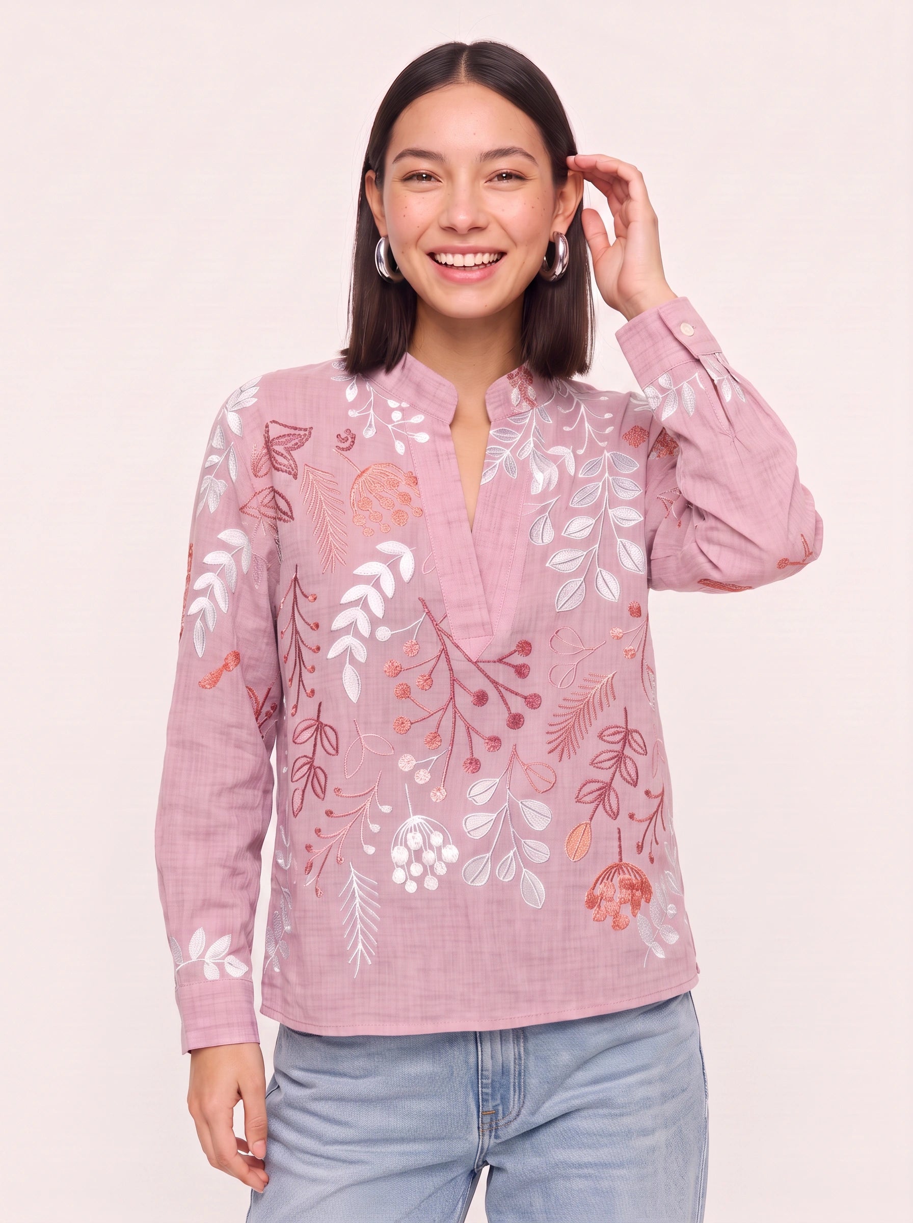 Botanica Embroidered Tunic Blouse – Women Cotton Boho Casual Shirts Tops Floral Embroidery Longline Blouse