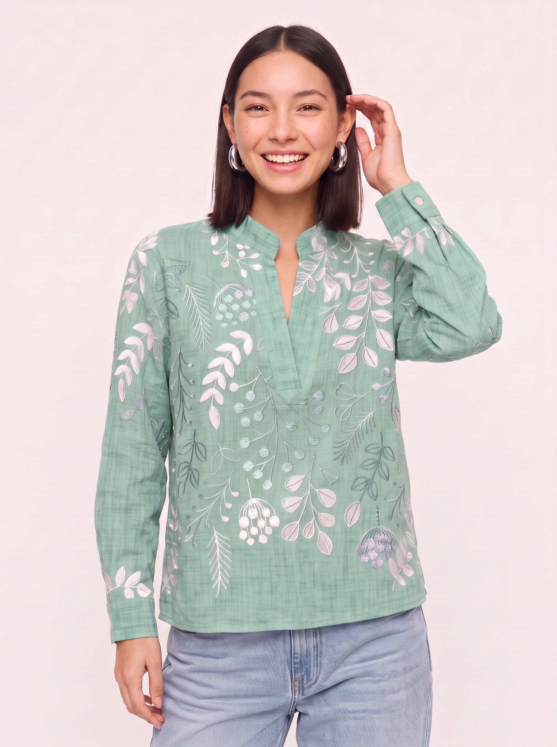 Botanica Embroidered Tunic Blouse – Women Cotton Boho Casual Shirts Tops Floral Embroidery Longline Blouse