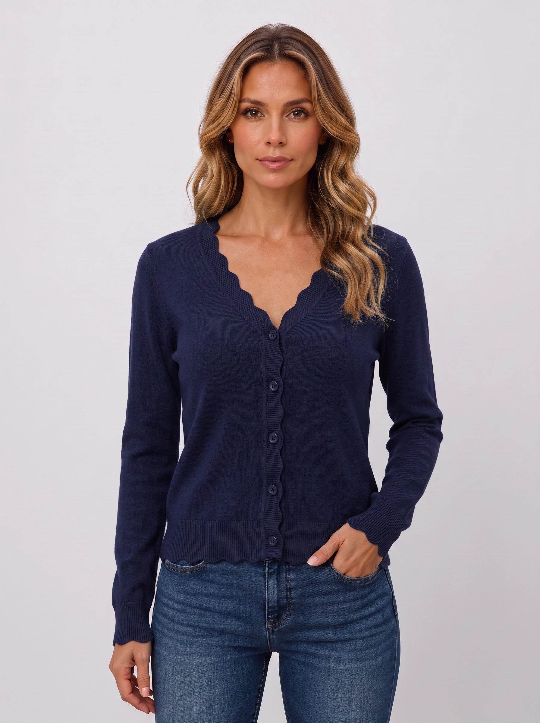 Ondabrim Scallop Edge Ribbed Cardigan – Button Front Knit Women Casual Fitted Sweater Top