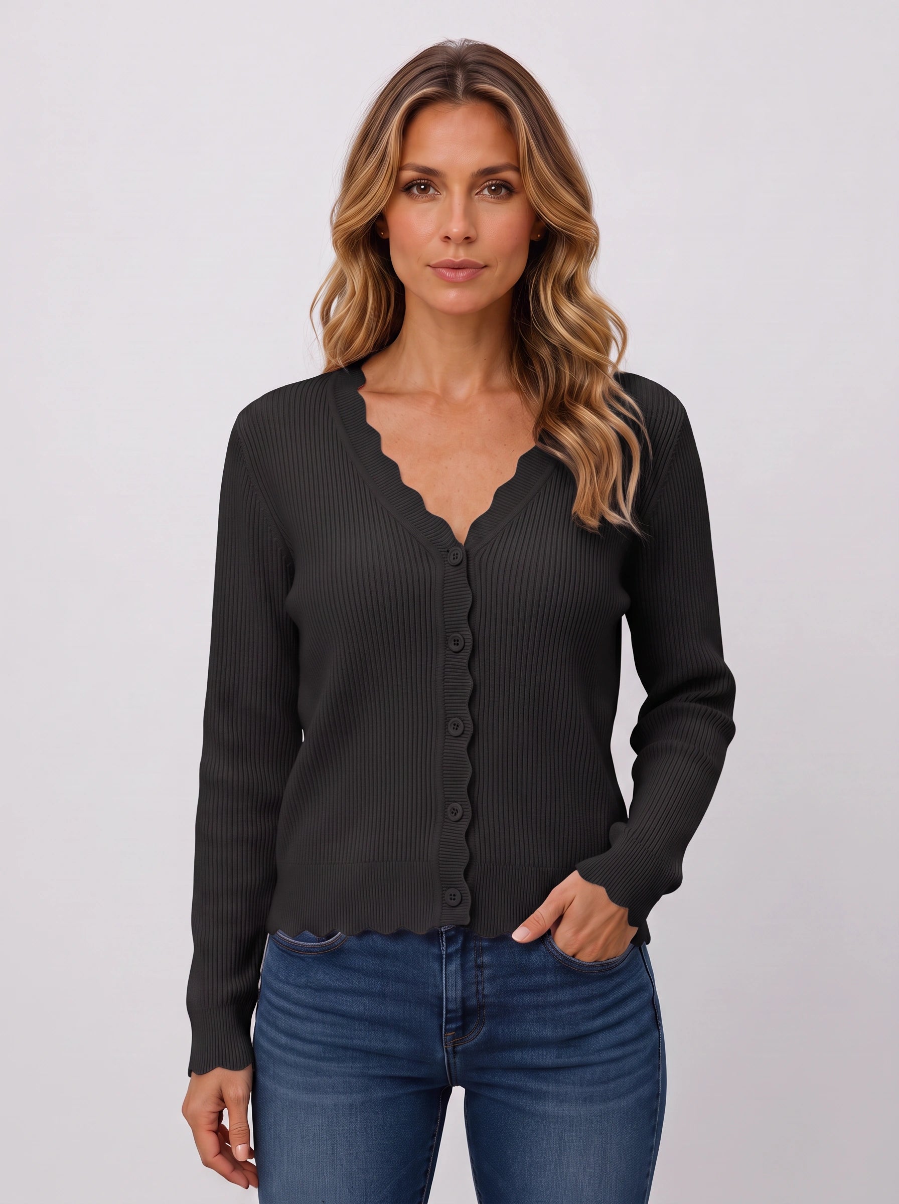 Ondabrim Scallop Edge Ribbed Cardigan – Button Front Knit Women Casual Fitted Sweater Top