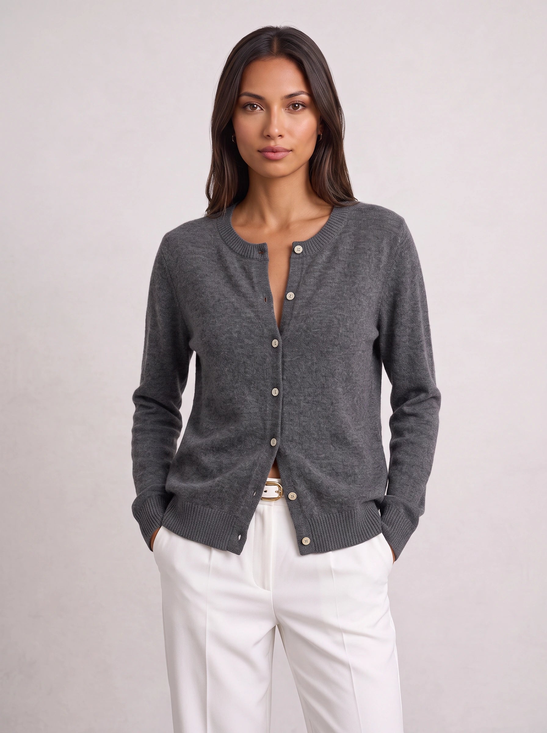 Grisnova Button-Front Ribbed Cardigan – Women Knit Sweater Crew Neck Office Casual Everyday Classic Cardigan