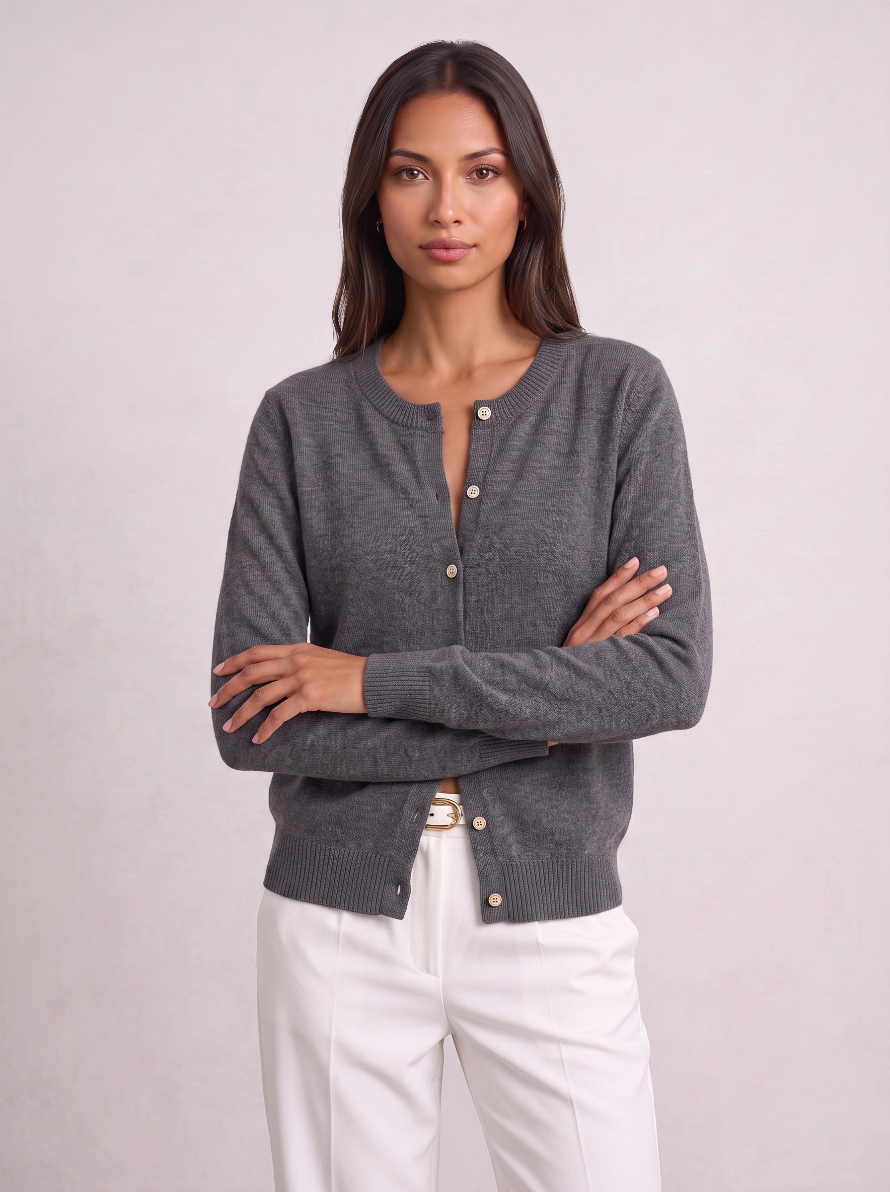 Grisnova Button-Front Ribbed Cardigan – Women Knit Sweater Crew Neck Office Casual Everyday Classic Cardigan