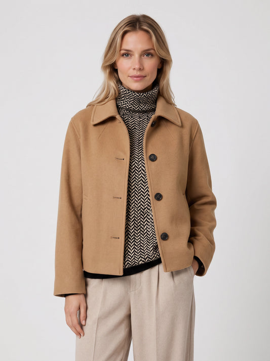 Camelle Cropped Wool Jacket – Women Button Front Tailored Office Workwear Smart Casual Coat