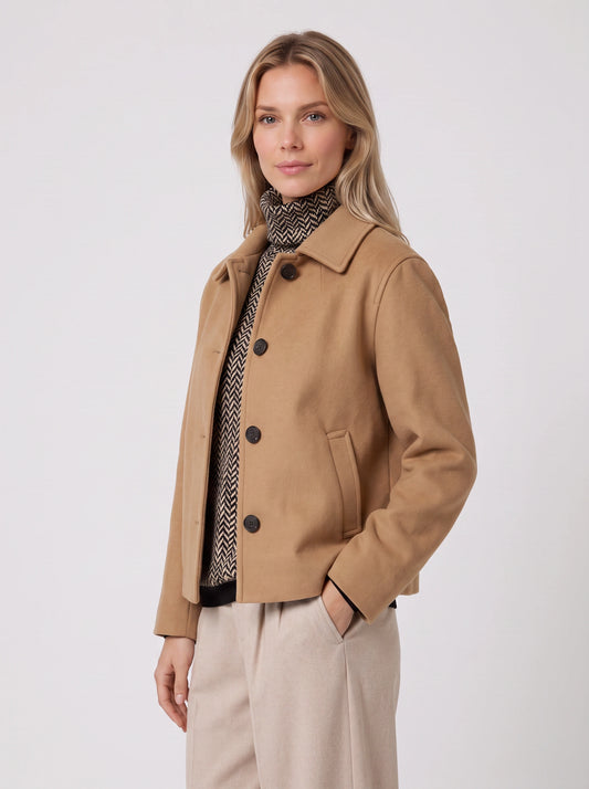 Camelle Cropped Wool Jacket – Women Button Front Tailored Office Workwear Smart Casual Coat