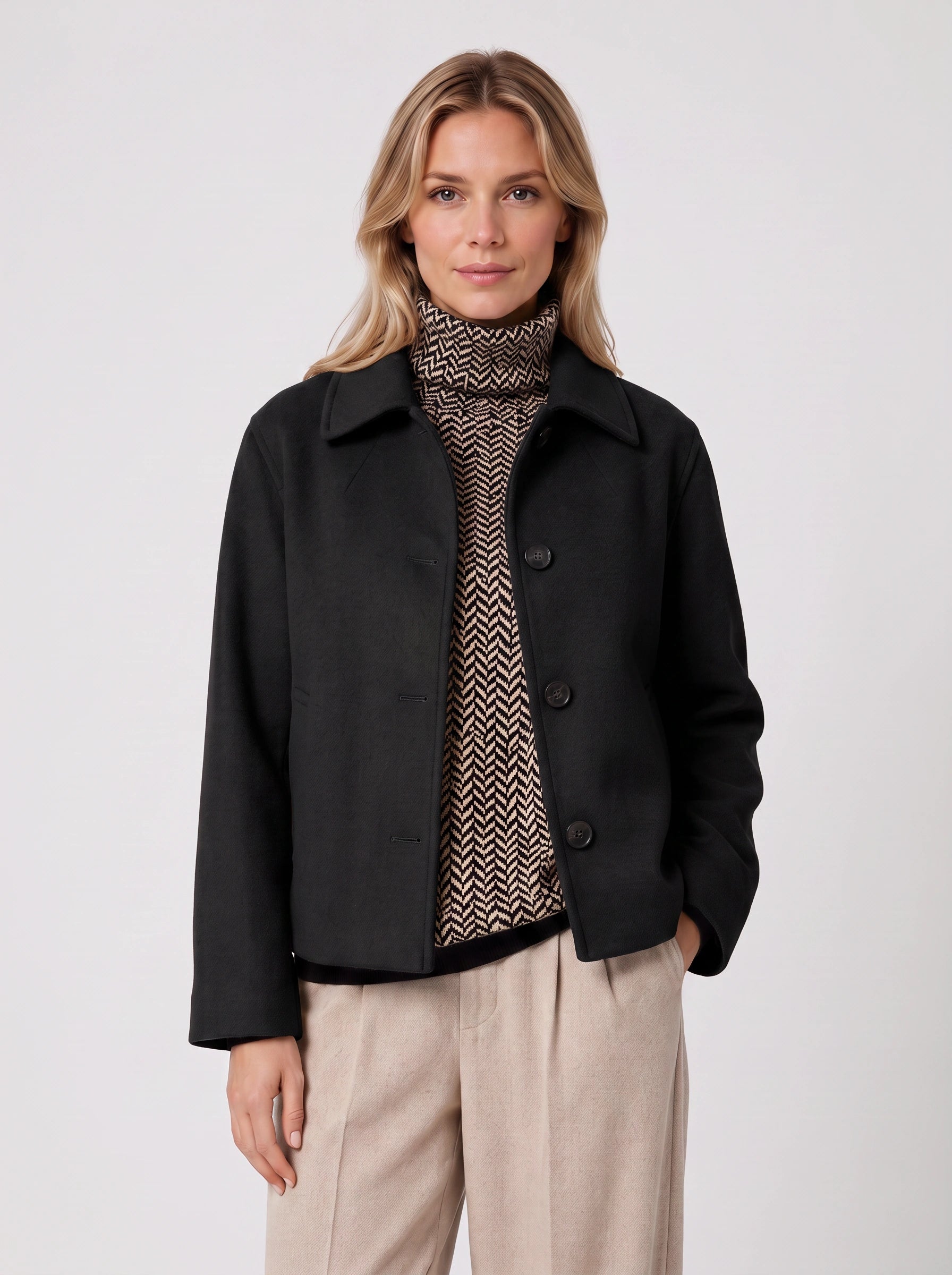Veste courte en laine Camelle – manteau ajusté boutonné sur le devant pour femme, de bureau, élégant et décontracté