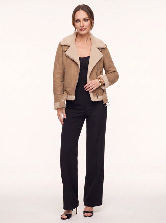 Ravensleigh Shearling Aviator Jacket – Women Moto Biker Faux Fur Lined Outerwear Winter Coat