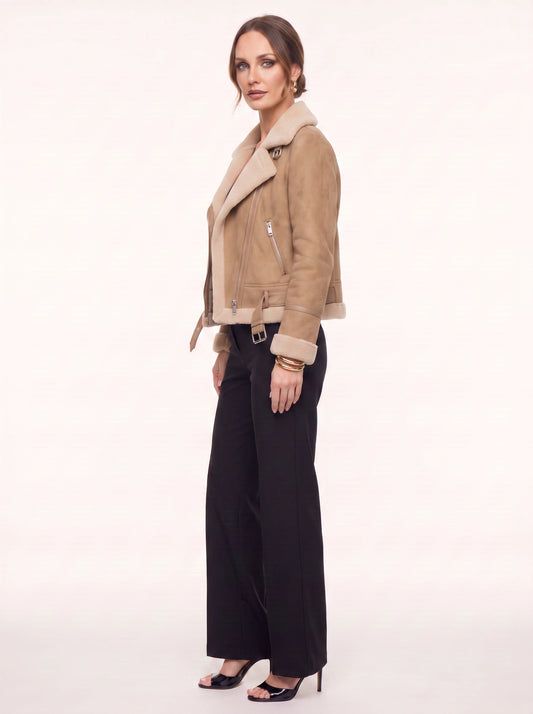 Ravensleigh Shearling Aviator Jacket – Women Moto Biker Faux Fur Lined Outerwear Winter Coat