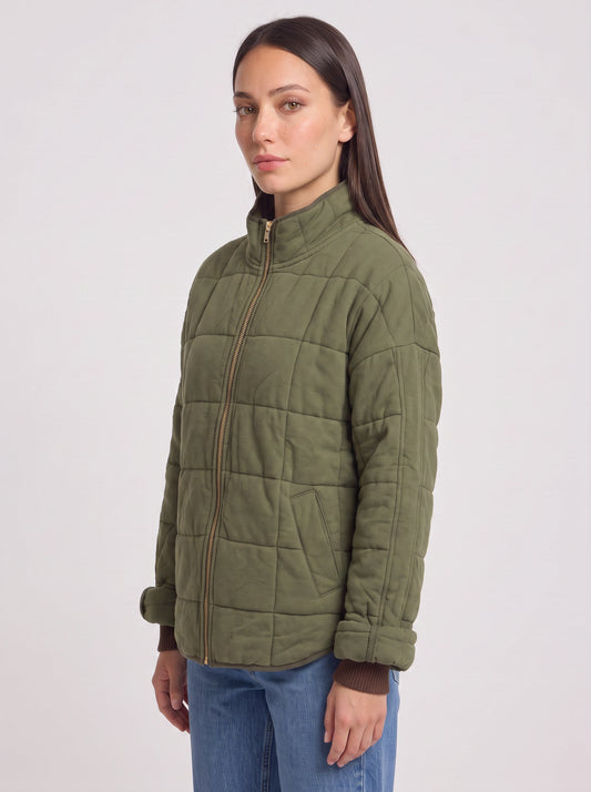 Merewyn Quilted Puffer Jacket – Women Funnel Neck Zip Front Casual Winter Outerwear Coat