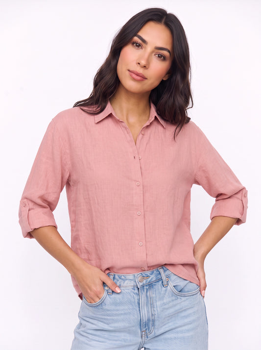 Roselle Linen Button-Up Shirt – Women Casual Work Office Long Sleeve Relaxed Fit Blouse Top