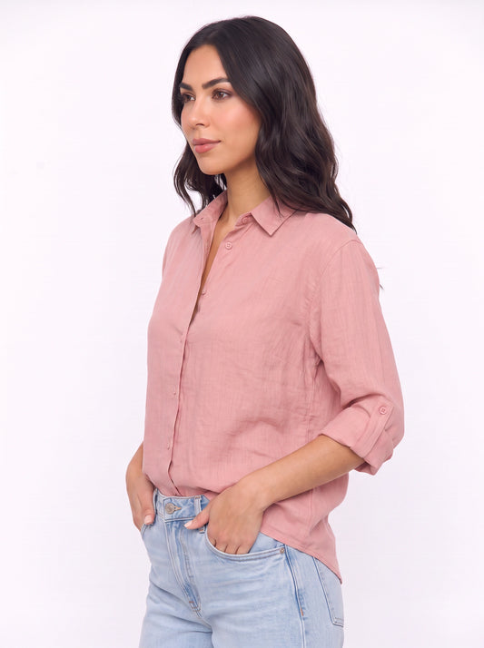 Roselle Linen Button-Up Shirt – Women Casual Work Office Long Sleeve Relaxed Fit Blouse Top