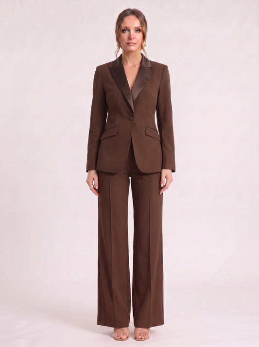 Terrana Single-Button Blazer Trouser Set – Women Tailored Office Workwear Wide-Leg Two-Piece Suit
