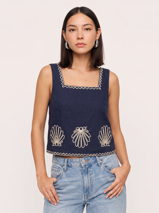 Conchelle Embroidered Square-Neck Crop Top – Women Summer Sleeveless Tank Shell Embroidered Top