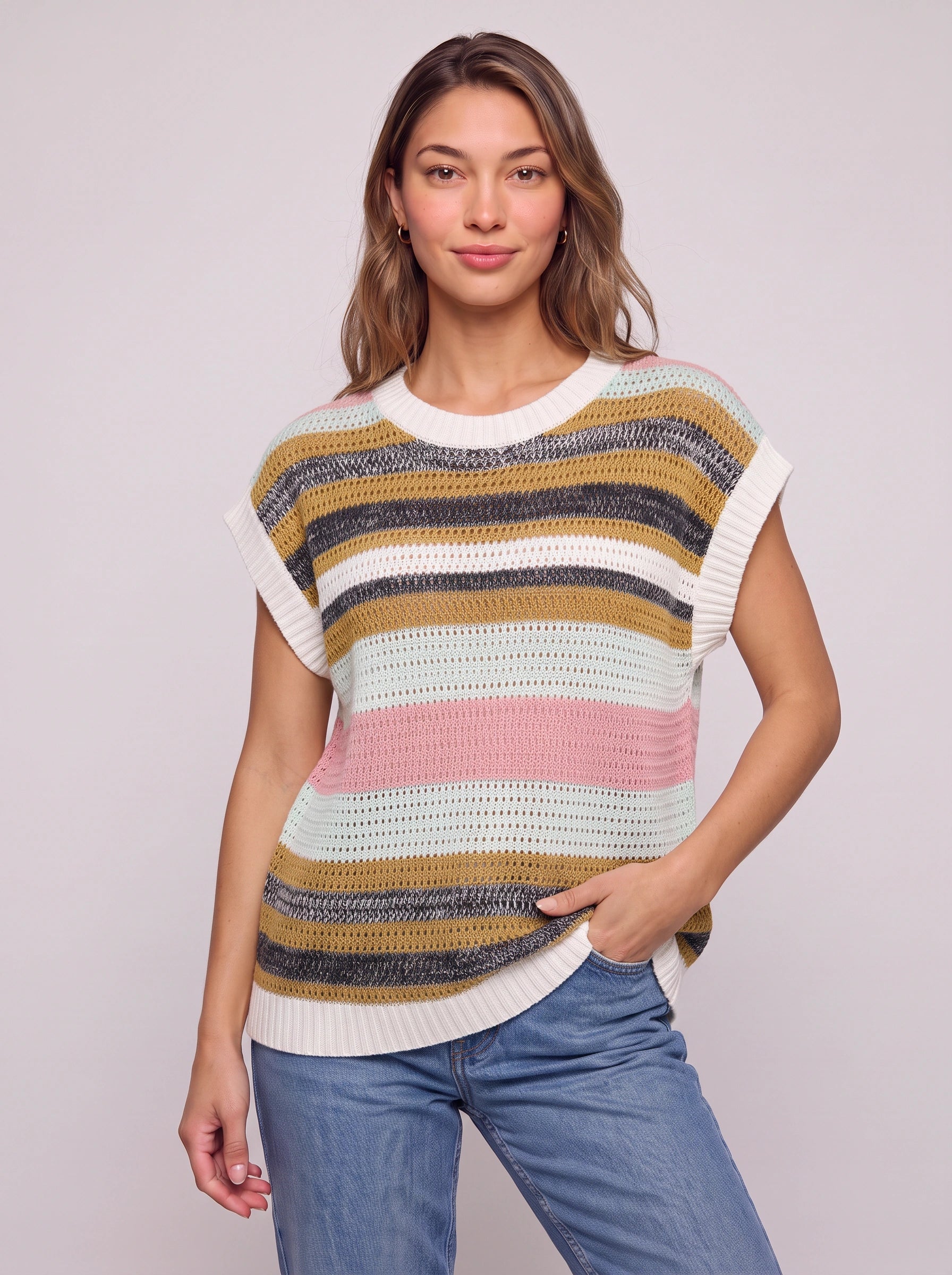Rigana Striped Knit Sweater Vest – Women Sleeveless Crochet Summer Beach Vacation Casual Boho Top