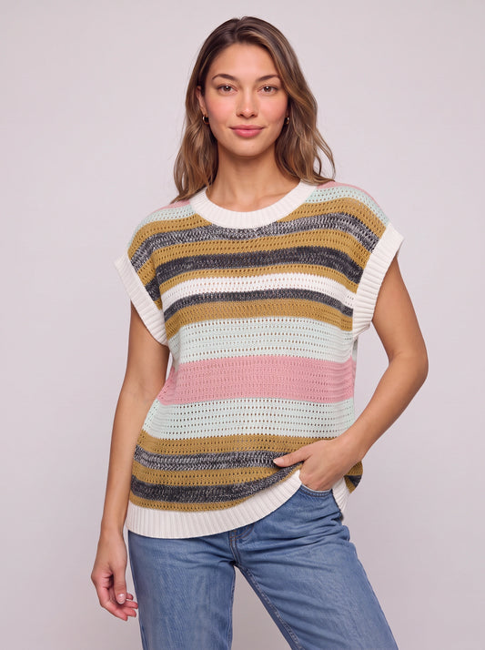 Rigana Striped Knit Sweater Vest – Women Sleeveless Crochet Summer Beach Vacation Casual Boho Top