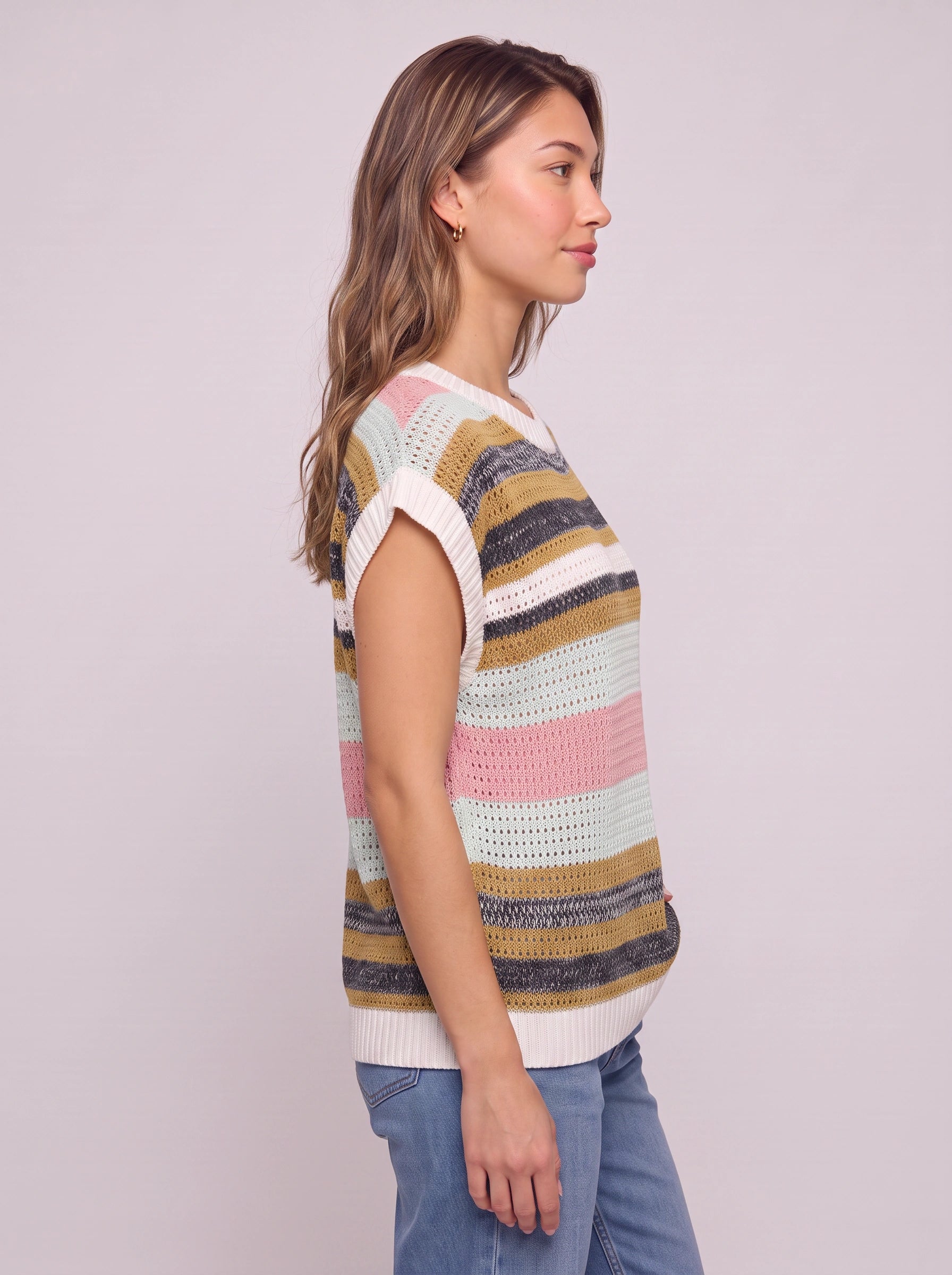 Rigana Striped Knit Sweater Vest – Women Sleeveless Crochet Summer Beach Vacation Casual Boho Top