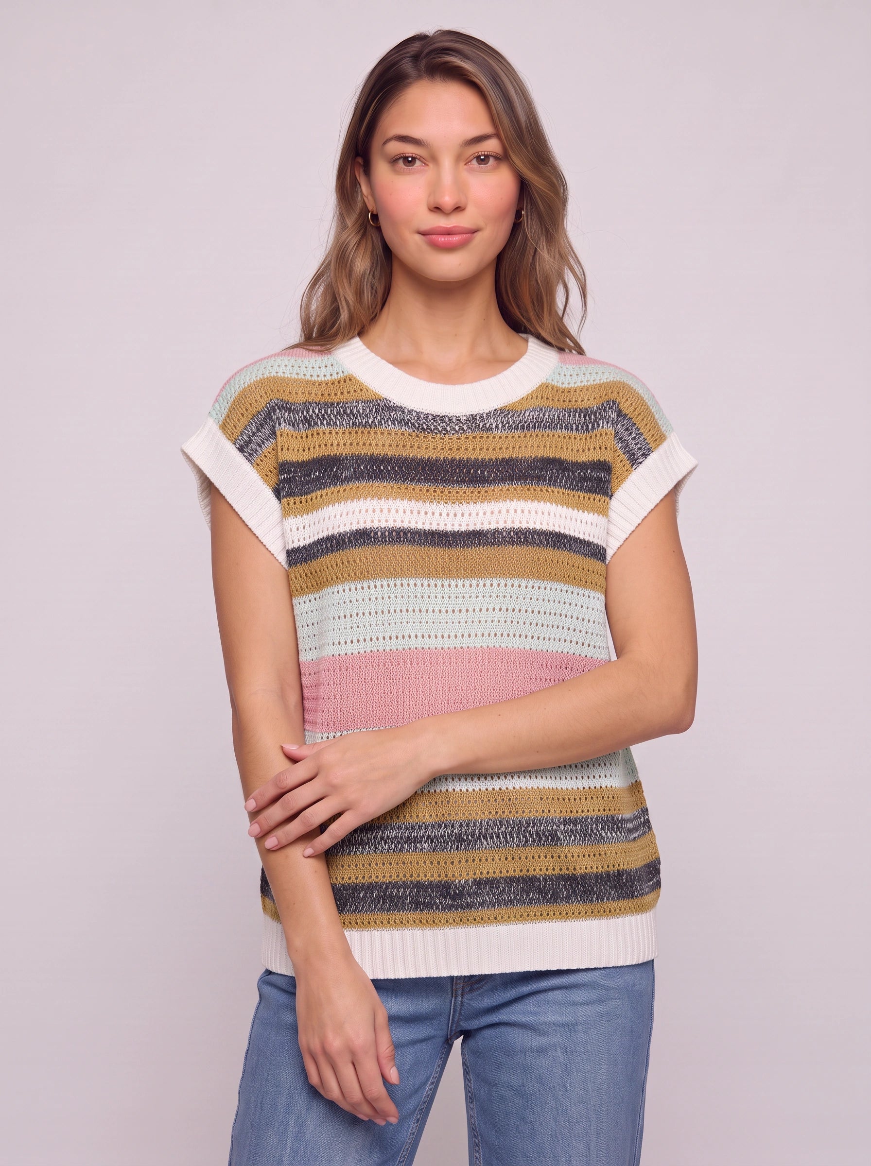 Rigana Striped Knit Sweater Vest – Women Sleeveless Crochet Summer Beach Vacation Casual Boho Top