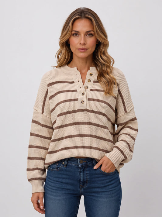 Riven Striped Henley Pullover Sweater – Chunky Knit Women Casual Oversized Button Pullover Top