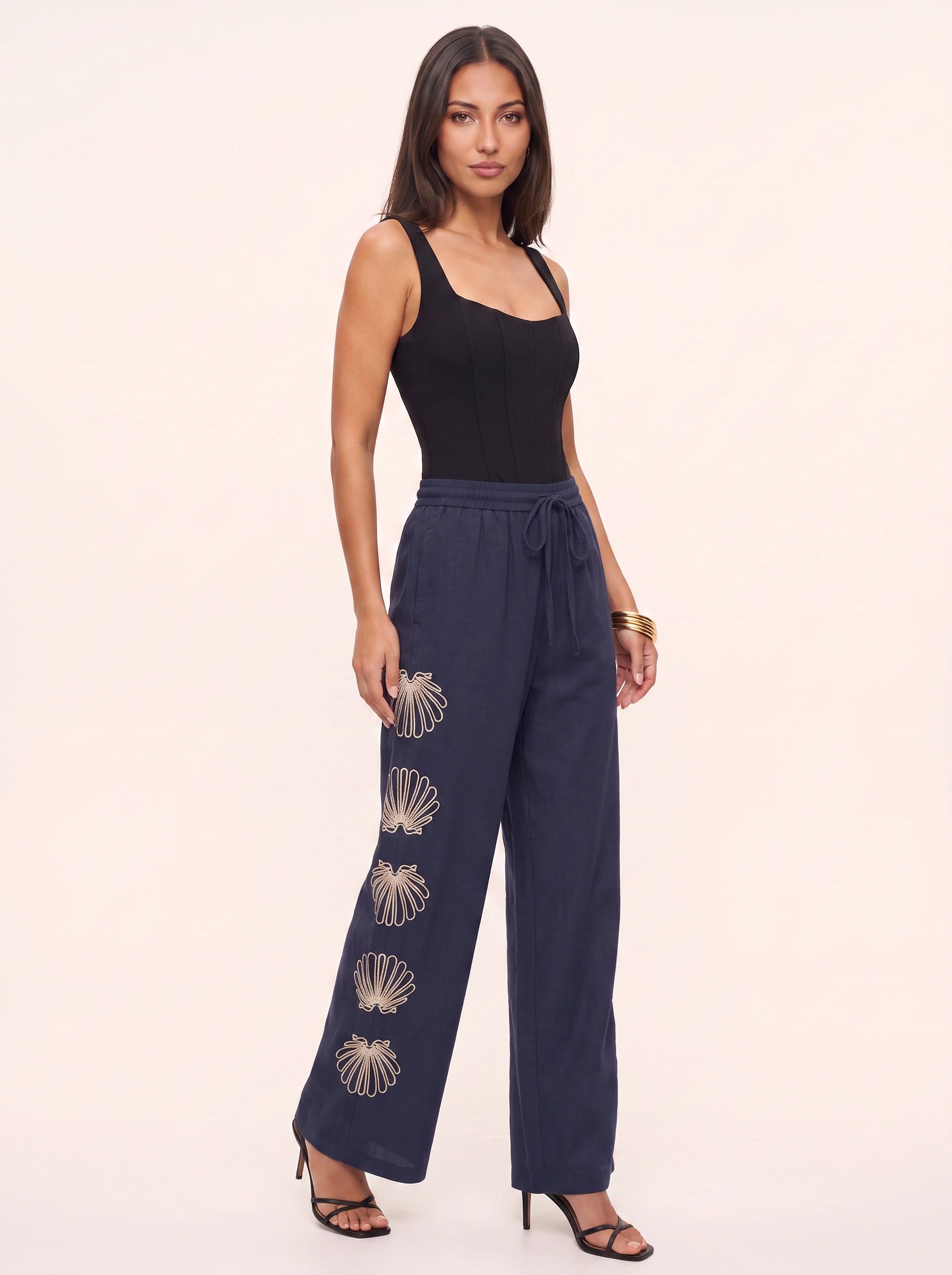Palmalux Embroidered Wide-Leg Drawstring Pants – Women Linen Drawstring Wide Leg Pants Trousers Casual