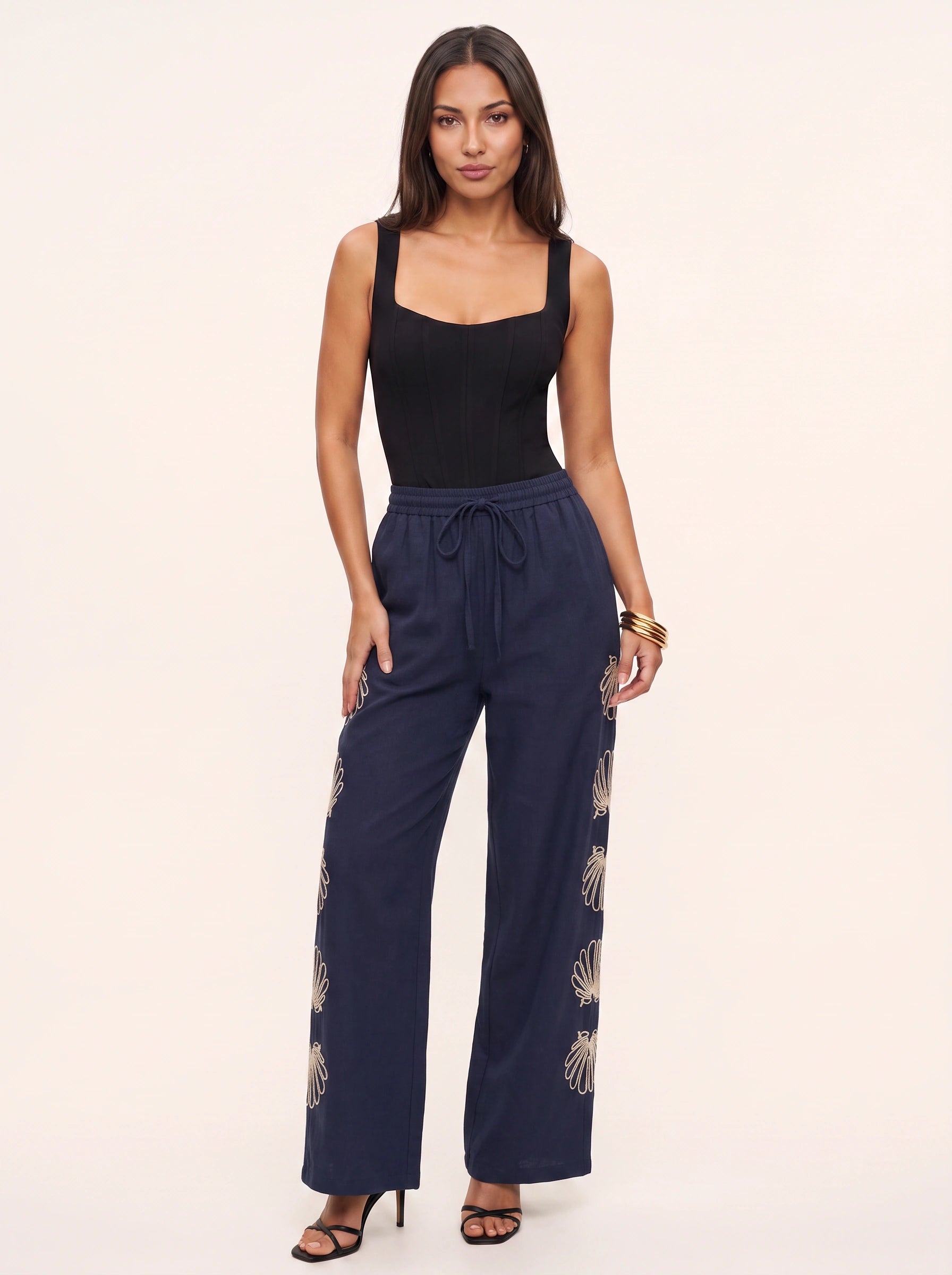 Palmalux Embroidered Wide-Leg Drawstring Pants – Women Linen Drawstring Wide Leg Pants Trousers Casual