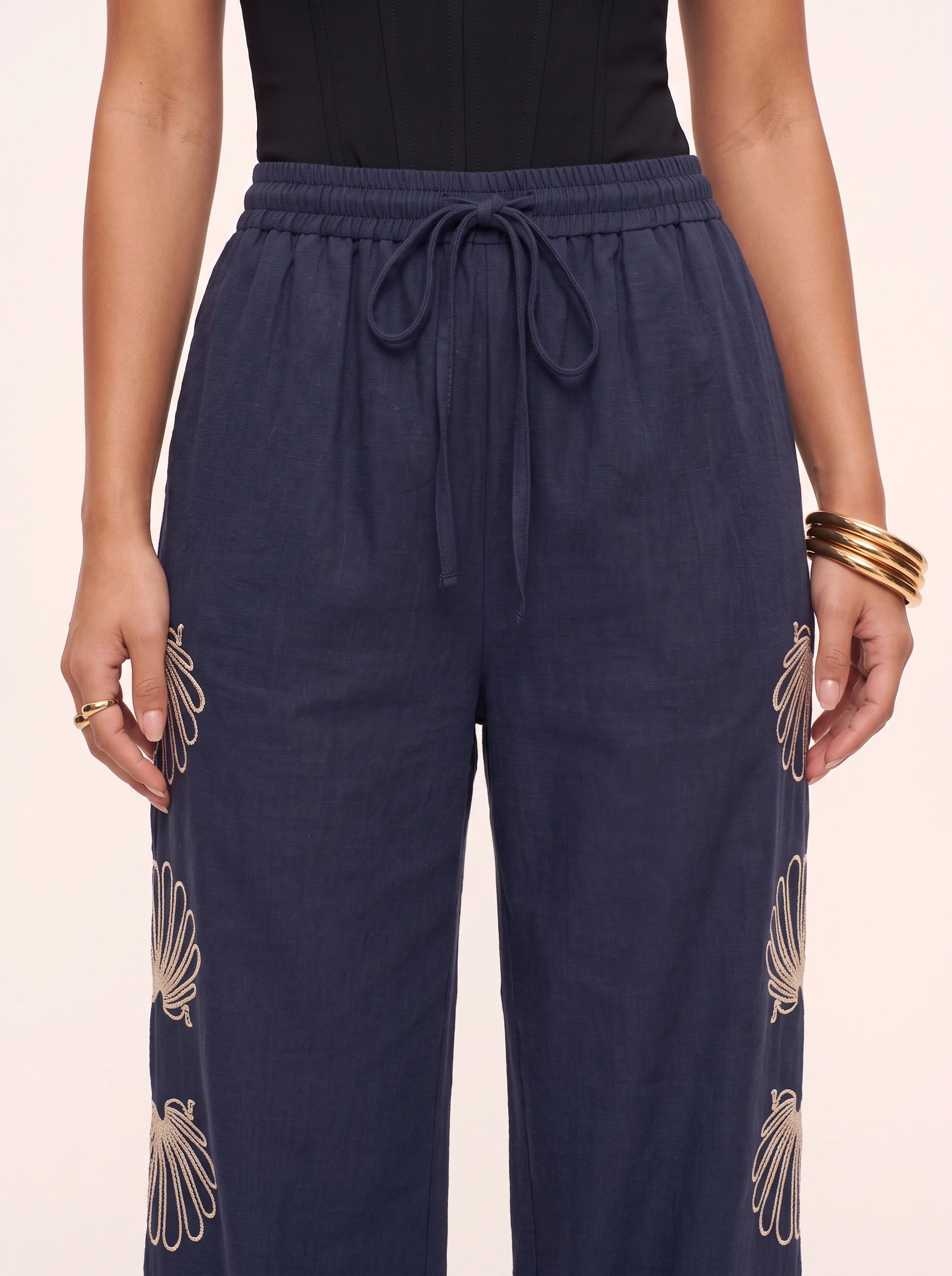 Palmalux Embroidered Wide-Leg Drawstring Pants – Women Linen Drawstring Wide Leg Pants Trousers Casual