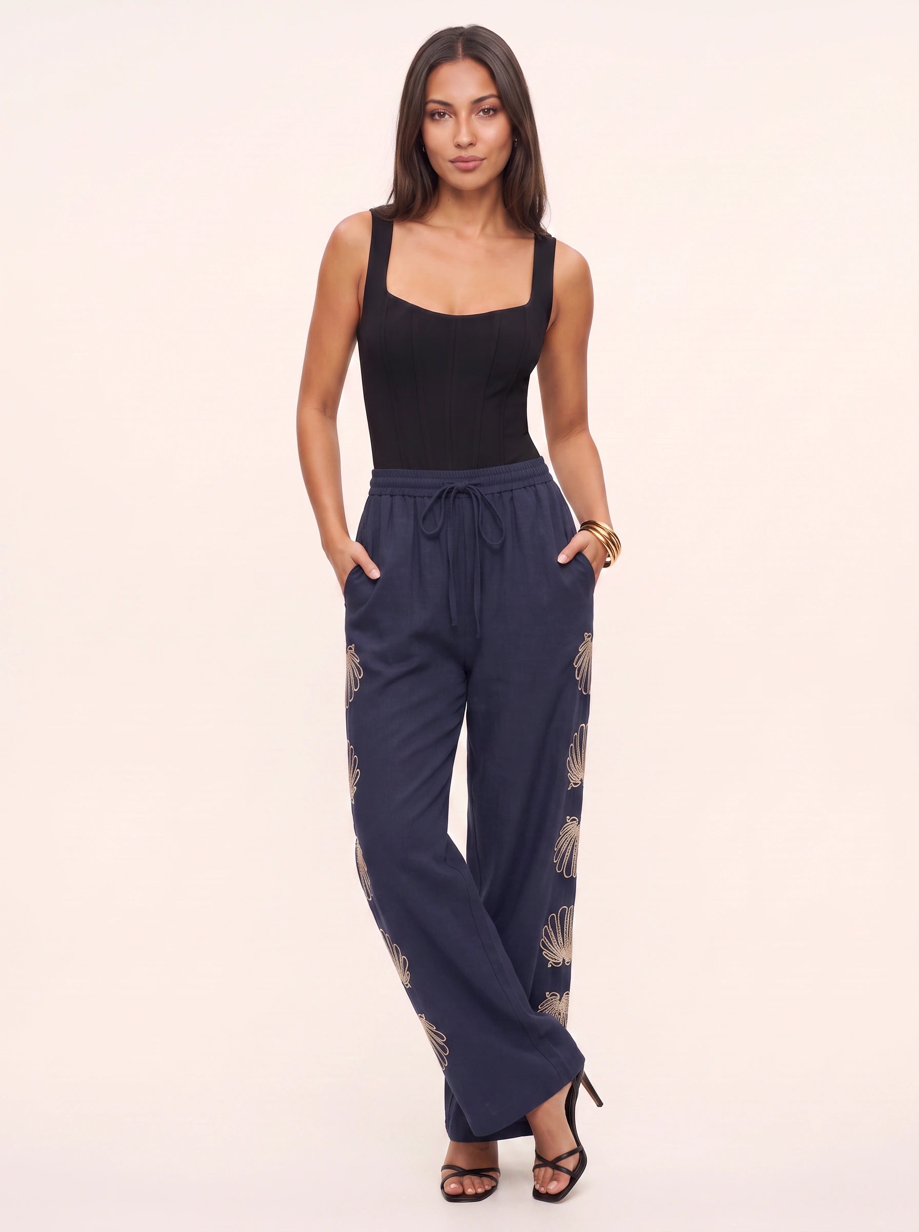 Palmalux Embroidered Wide-Leg Drawstring Pants – Women Linen Drawstring Wide Leg Pants Trousers Casual