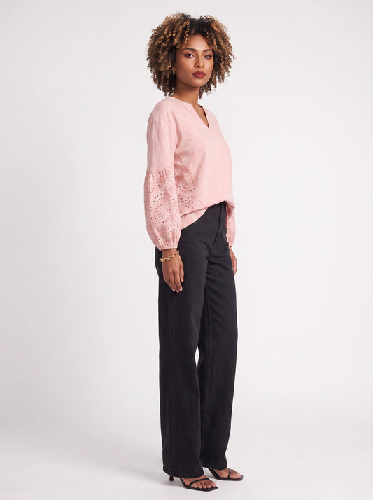 Brodelle Eyelet Sleeve Blouse – Long Sleeve Tops Women Summer Casual Embroidered V-Neck Cotton Top