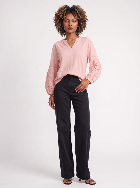 Brodelle Eyelet Sleeve Blouse – Long Sleeve Tops Women Summer Casual Embroidered V-Neck Cotton Top