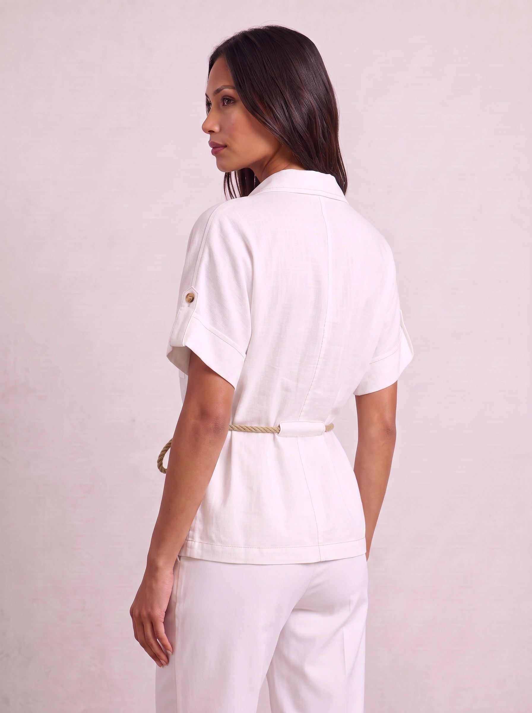 Chemise utilitaire Costrisse boutonnée sur le devant – Chemise blanche oversize en lin pour femme, style safari, décontractée, pour le travail