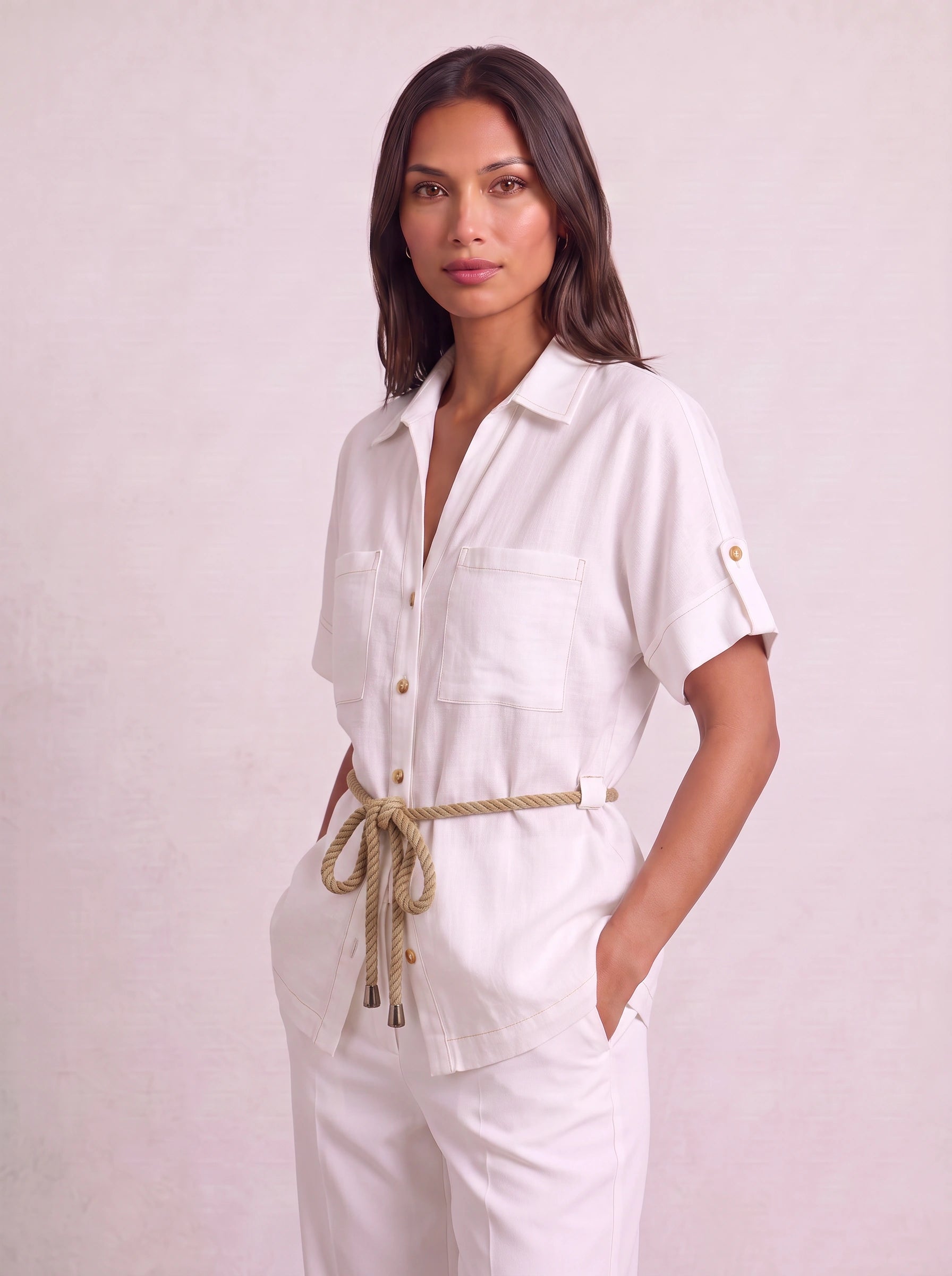 Chemise utilitaire Costrisse boutonnée sur le devant – Chemise blanche oversize en lin pour femme, style safari, décontractée, pour le travail