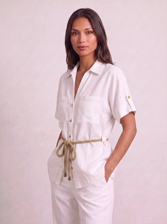 Cordell Utility Button-Front Shirt – Women Oversized Linen Summer Safari Workwear Casual White Shirt