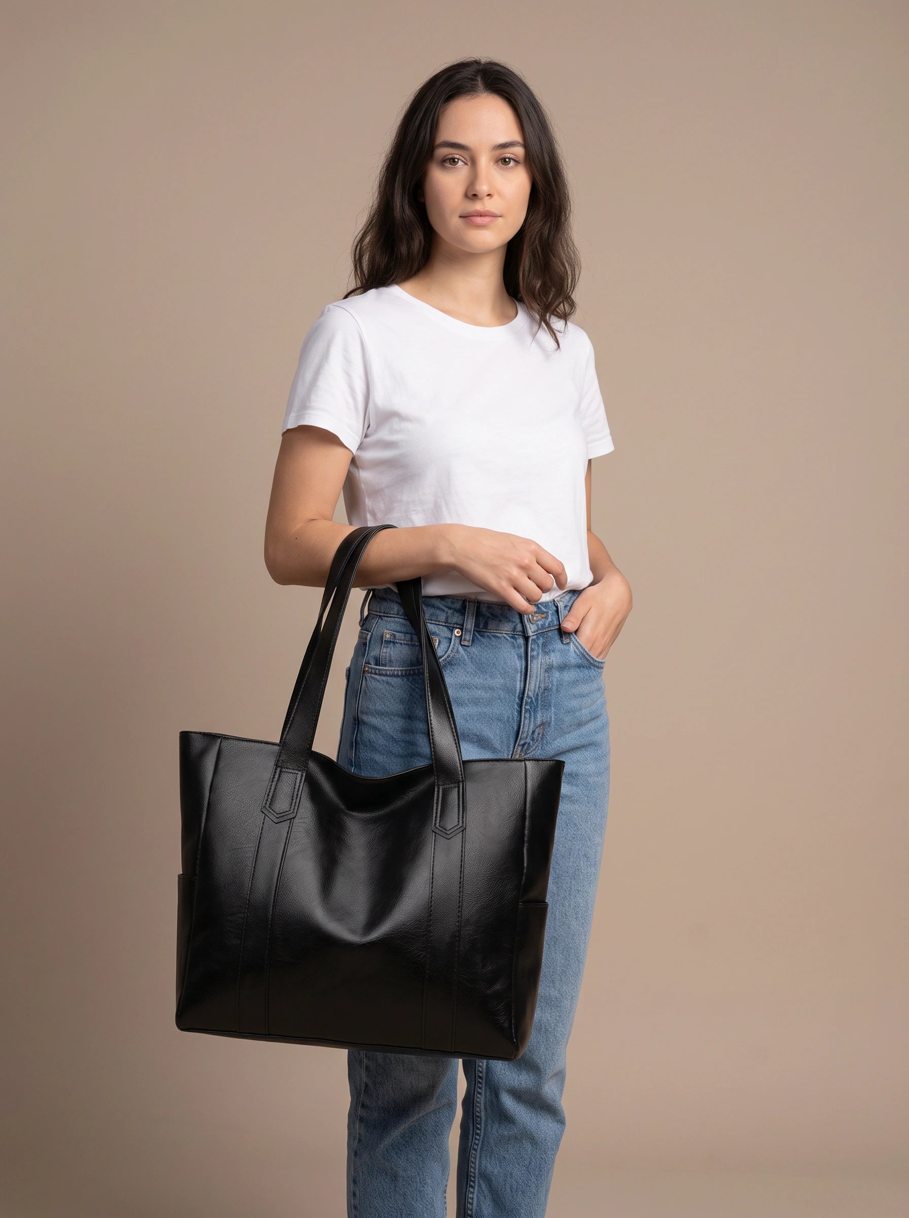 Wrenford Side Pocket Tote – Leather Tote Bag Women Work Handbag Everyday Structured Shoulder Tote