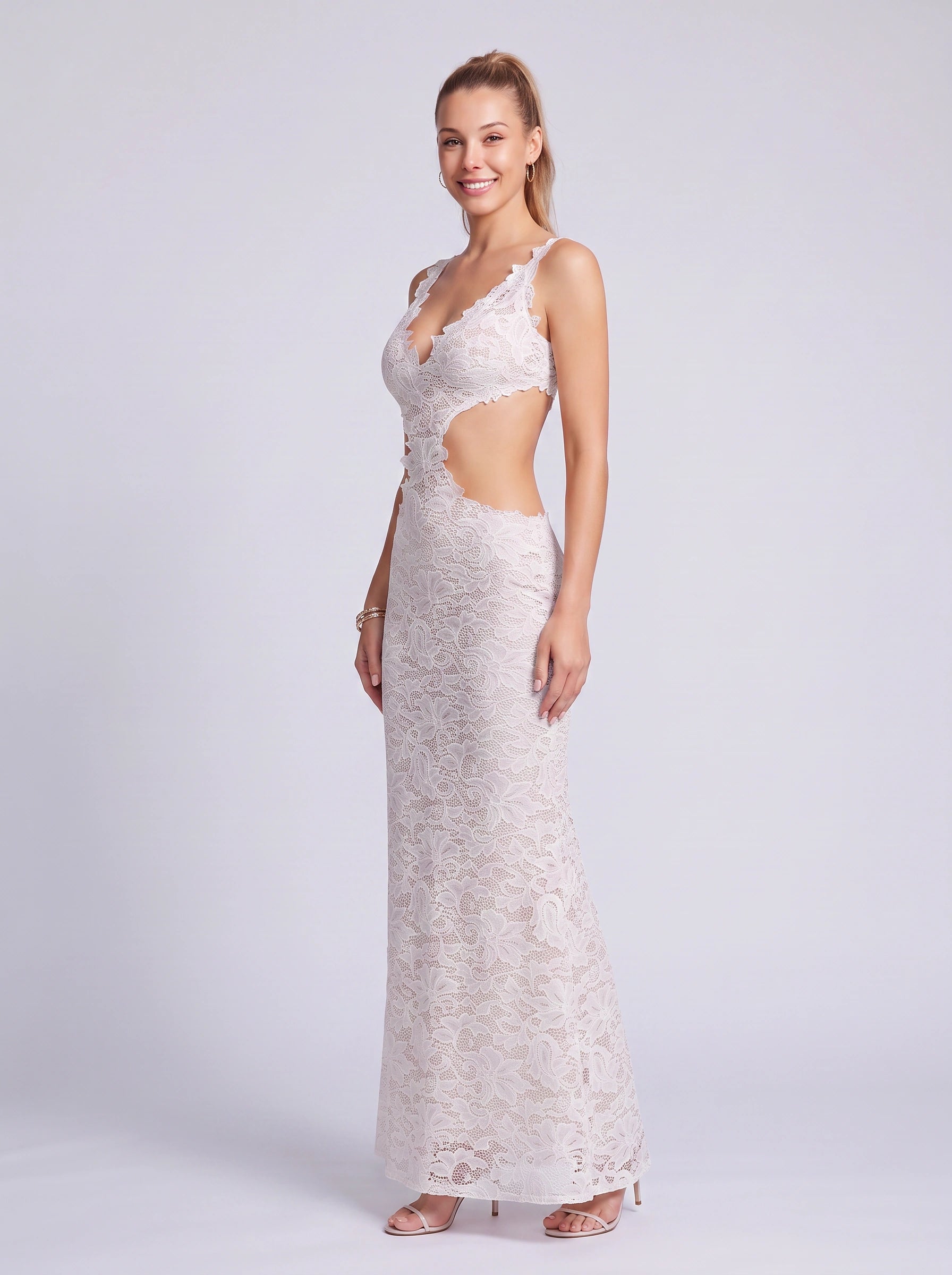 Mercine Cutout Lace Maxi Dress – Plunge Neck Women Formal Cocktail Wedding Guest Summer Maxi Dress