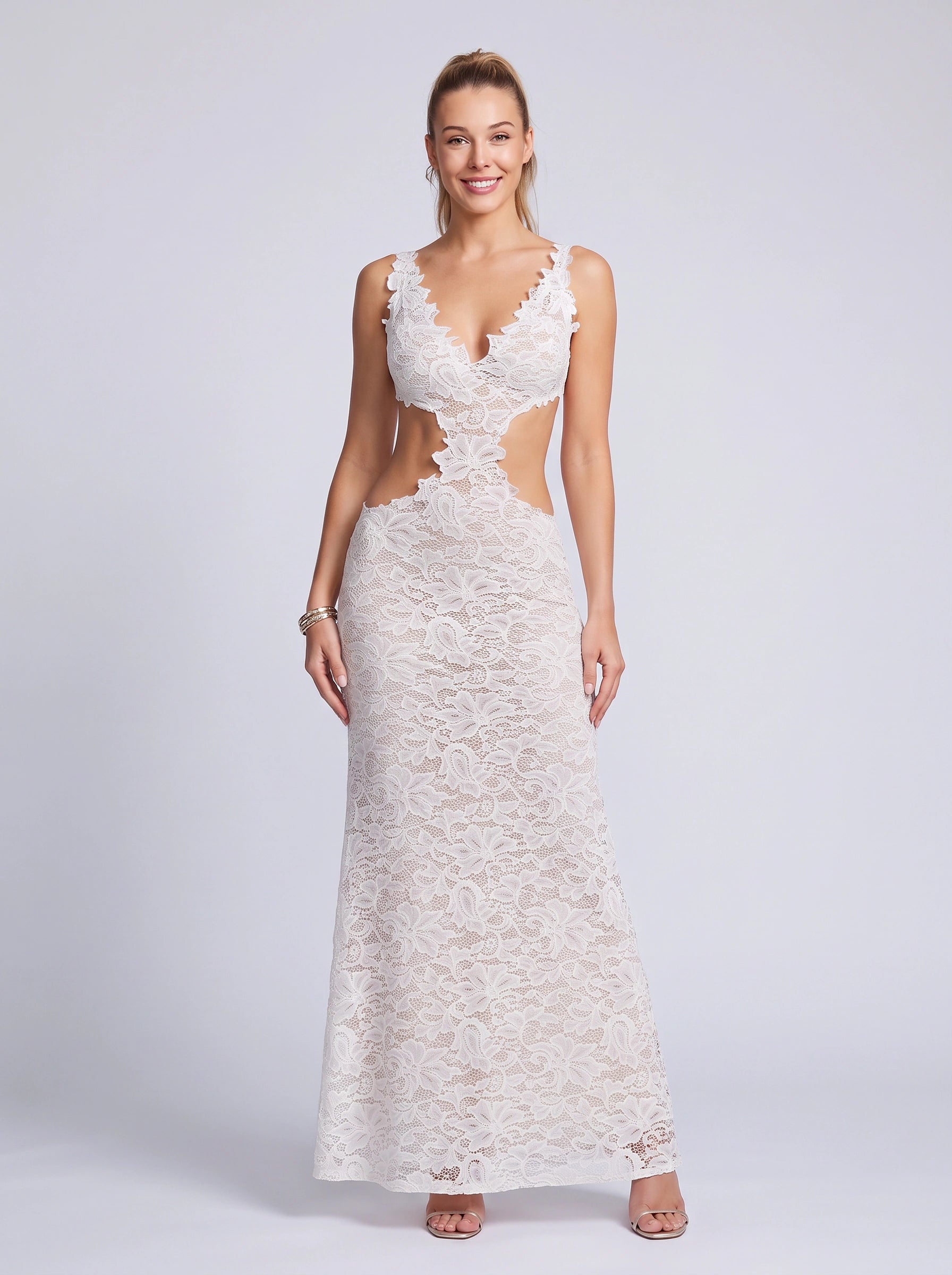 Mercine Cutout Lace Maxi Dress – Plunge Neck Women Formal Cocktail Wedding Guest Summer Maxi Dress